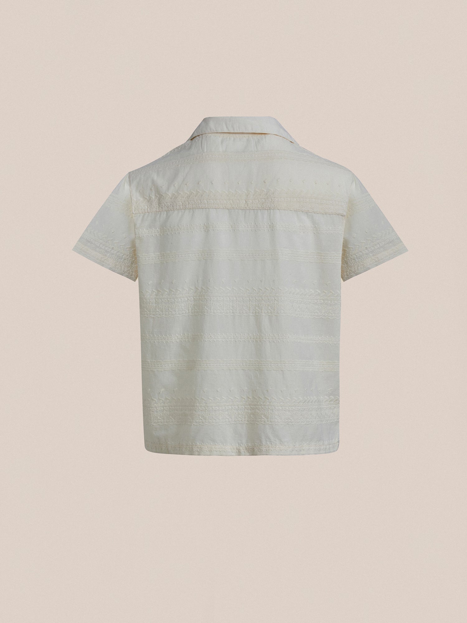 The back view of a Found Lace SS Camp Shirt with white stripes and delicate lace detailing.