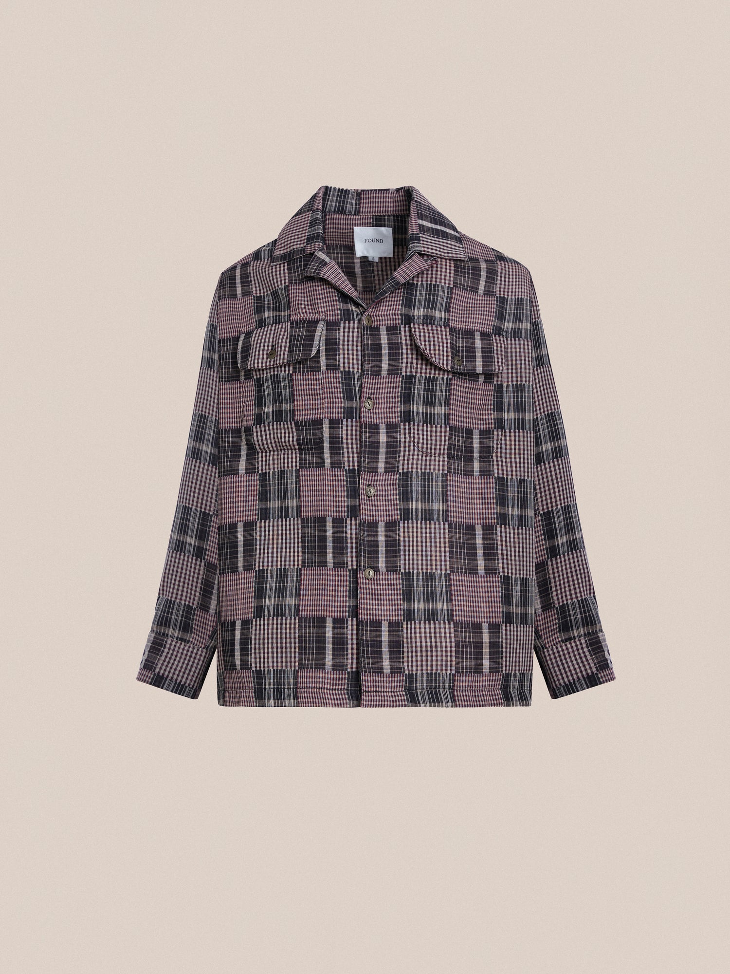 A Found Multi-Flannel LS Camp Shirt with a timeless silhouette, featuring a checkered pattern in pink and black.