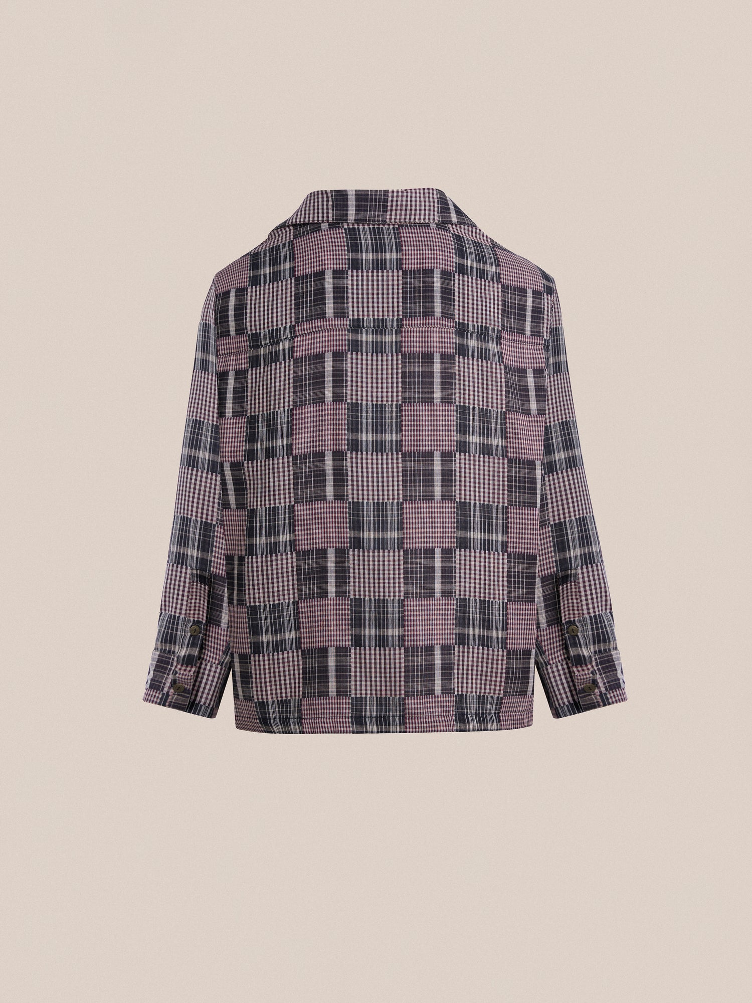 The back view of a timeless silhouette Found Multi-Flannel LS Camp Shirt in pink and black.