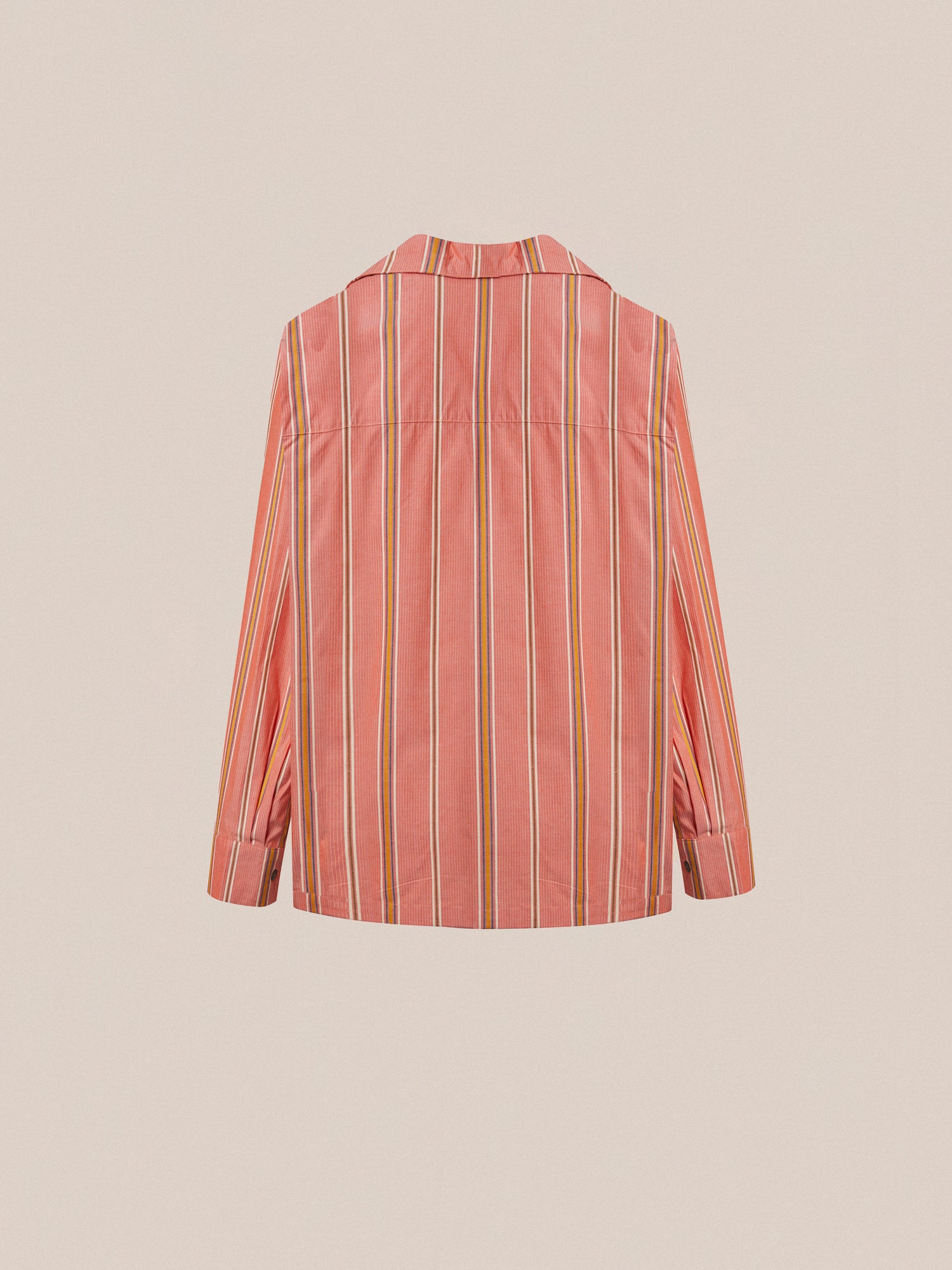 The back of a shirt with a pink and orange Found Stripe Citrus LS Camp Shirt.