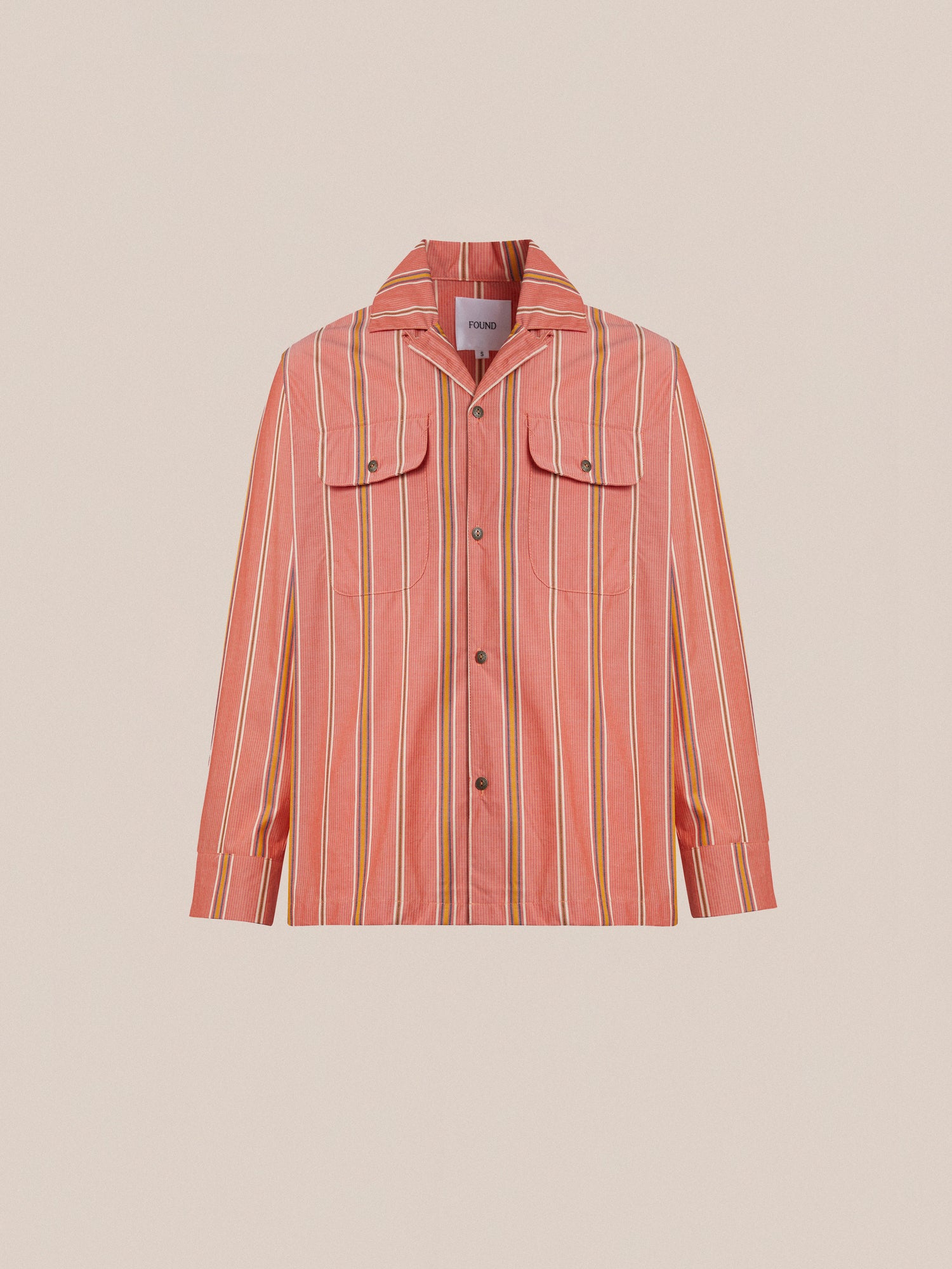 A pink, long-sleeve Stripe Citrus LS Camp shirt with a striped pattern by Found.
