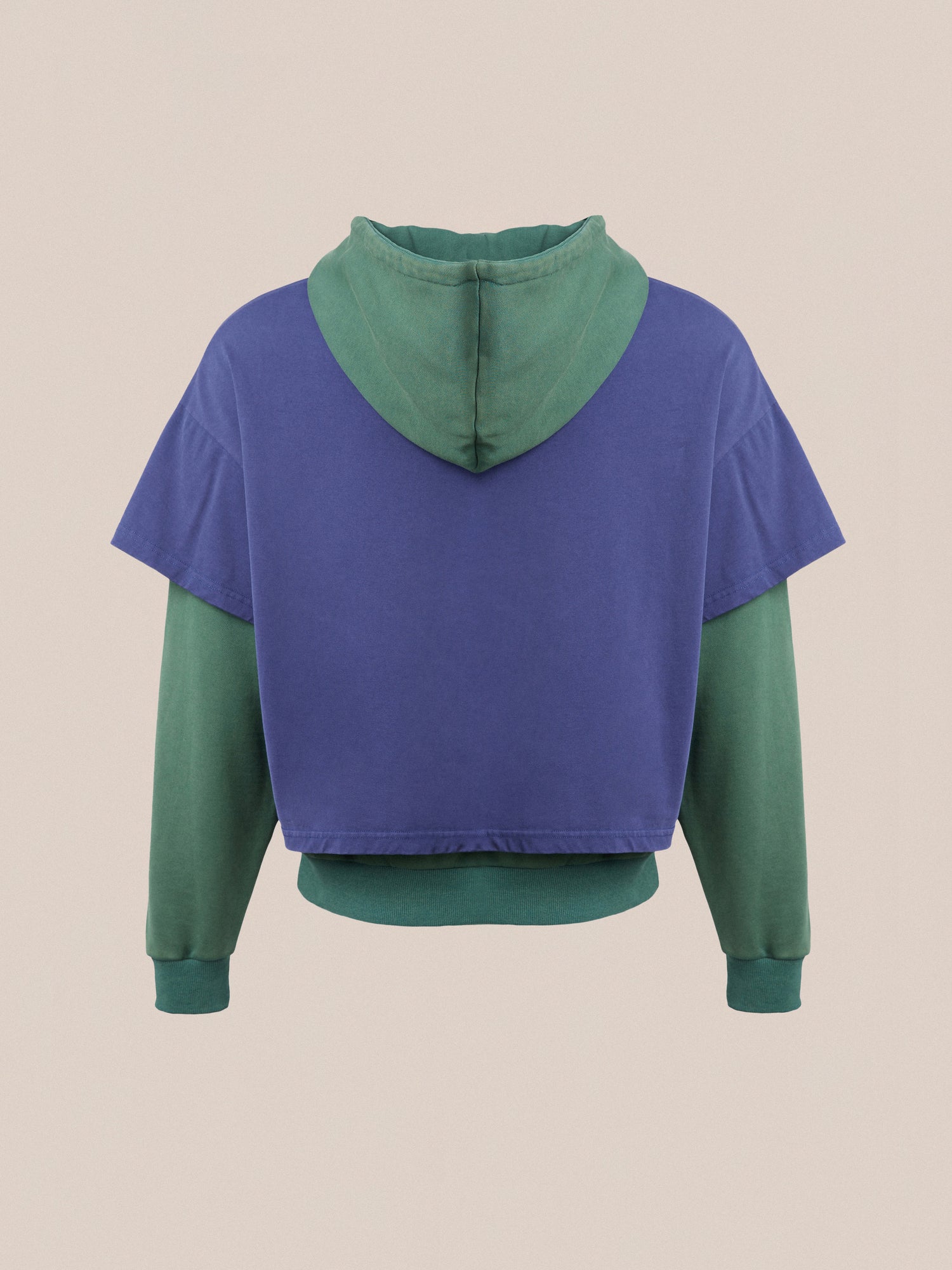 The back view of a blue and green Found double layer hoodie. 