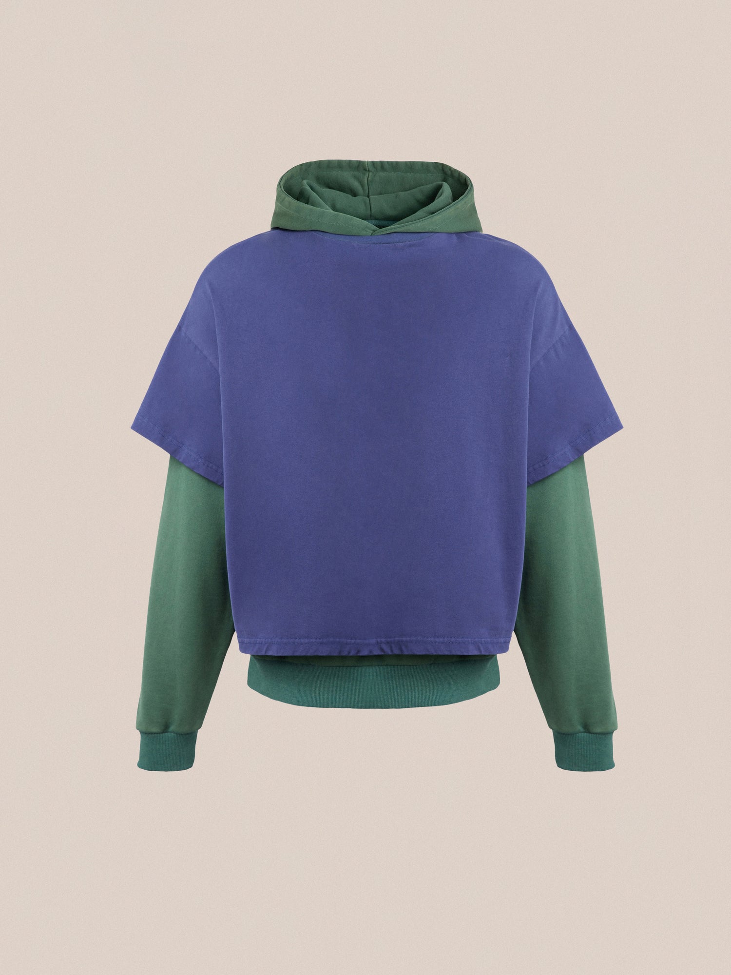 A blue and green Found double-layer hooded sweatshirt.
