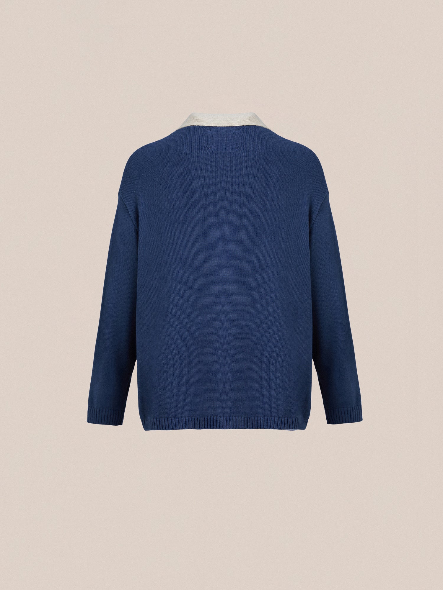The back view of a blue Found Laleh Varsity Contrast Cardigan.