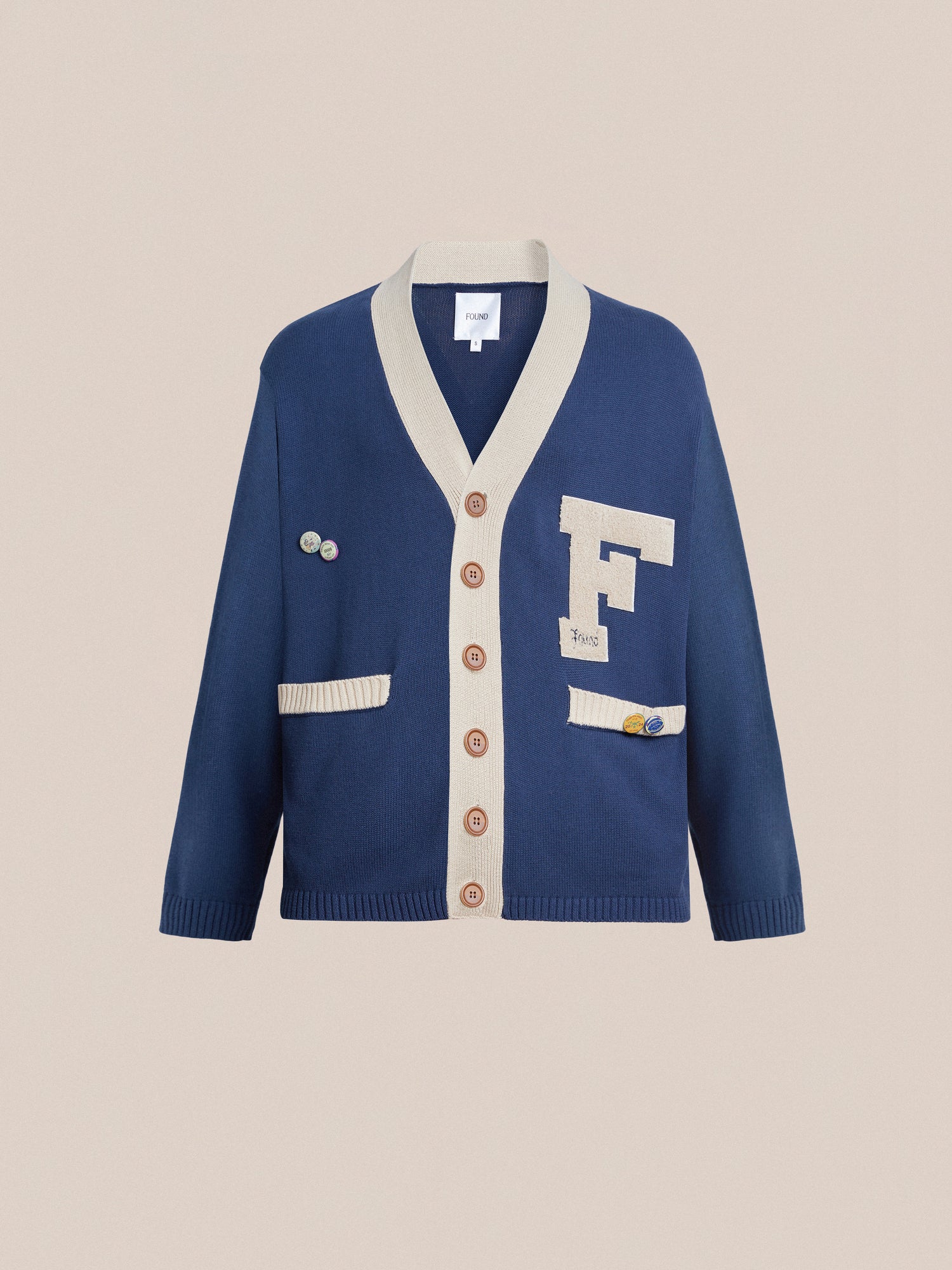 A contemporary Found Varsity Contrast Cardigan with the letter f on it.