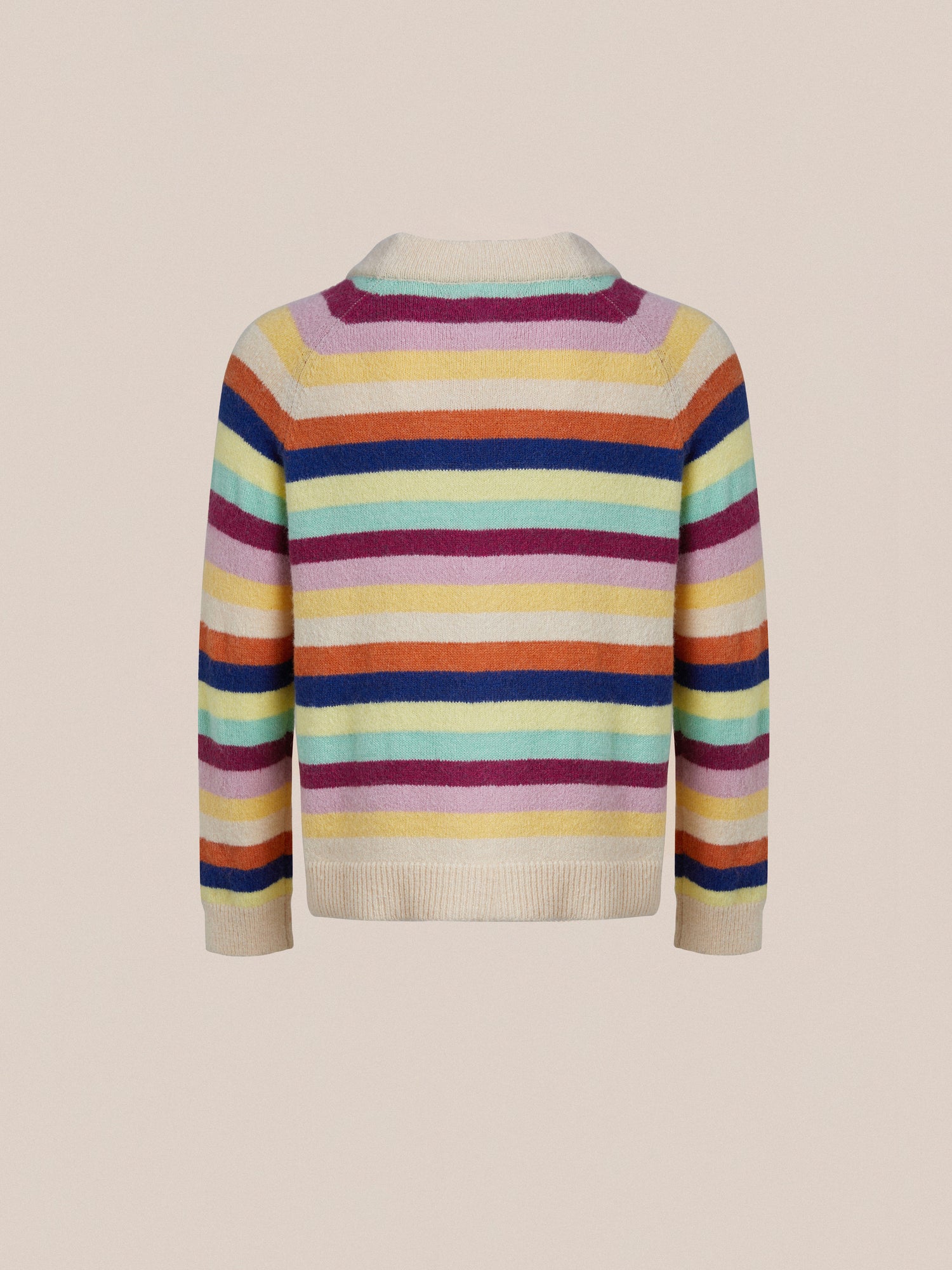 A Razi Multi Stripe Cardigan with vibrant hues on a white background by Found.