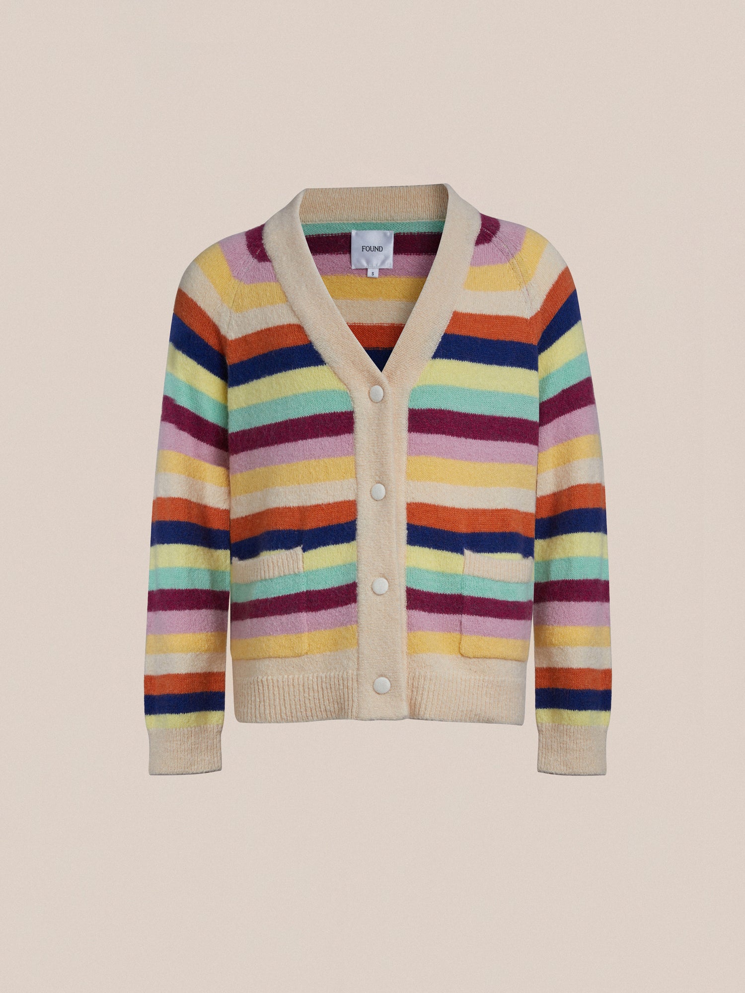 A children's Razi Multi Stripe Cardigan sweater in vibrant hues by Found.