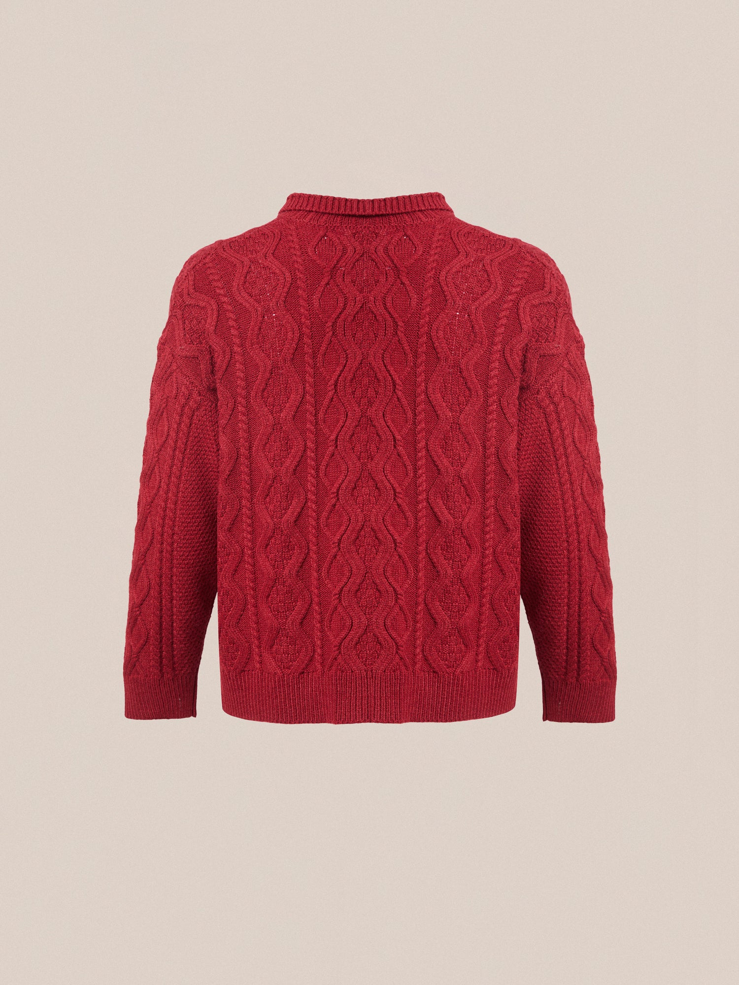 The back view of a red chunky Parsidan Cable Knit Cardigan sweater by Found.