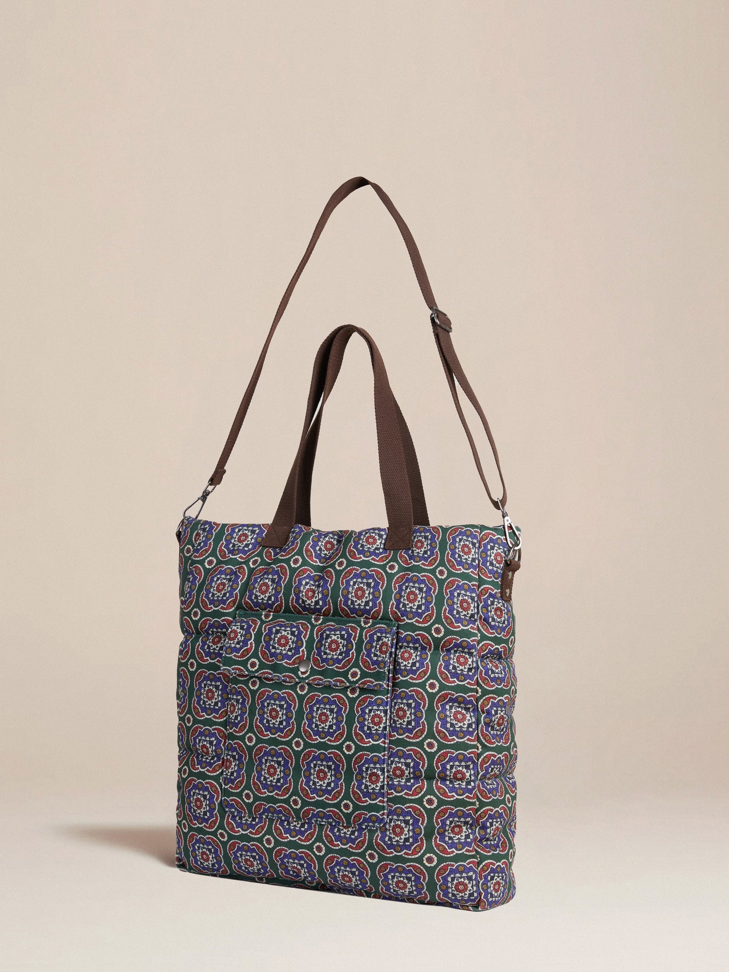 A colorful quilted cotton twill Pine Mosaic Bag tote bag with a geometric pattern by Profound.