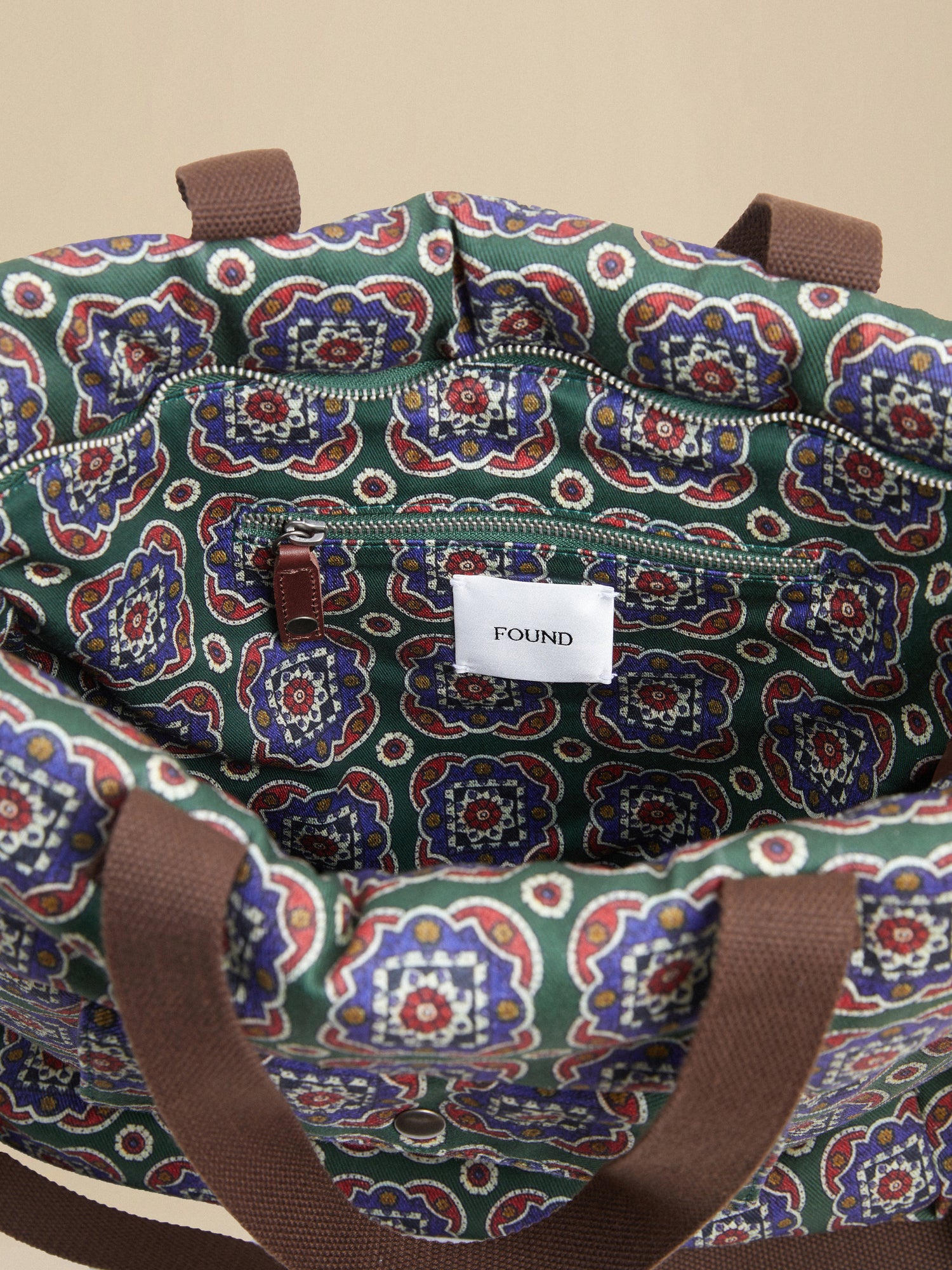 A green and blue patterned Pine Mosaic tote bag with South Asian prints by Profound.