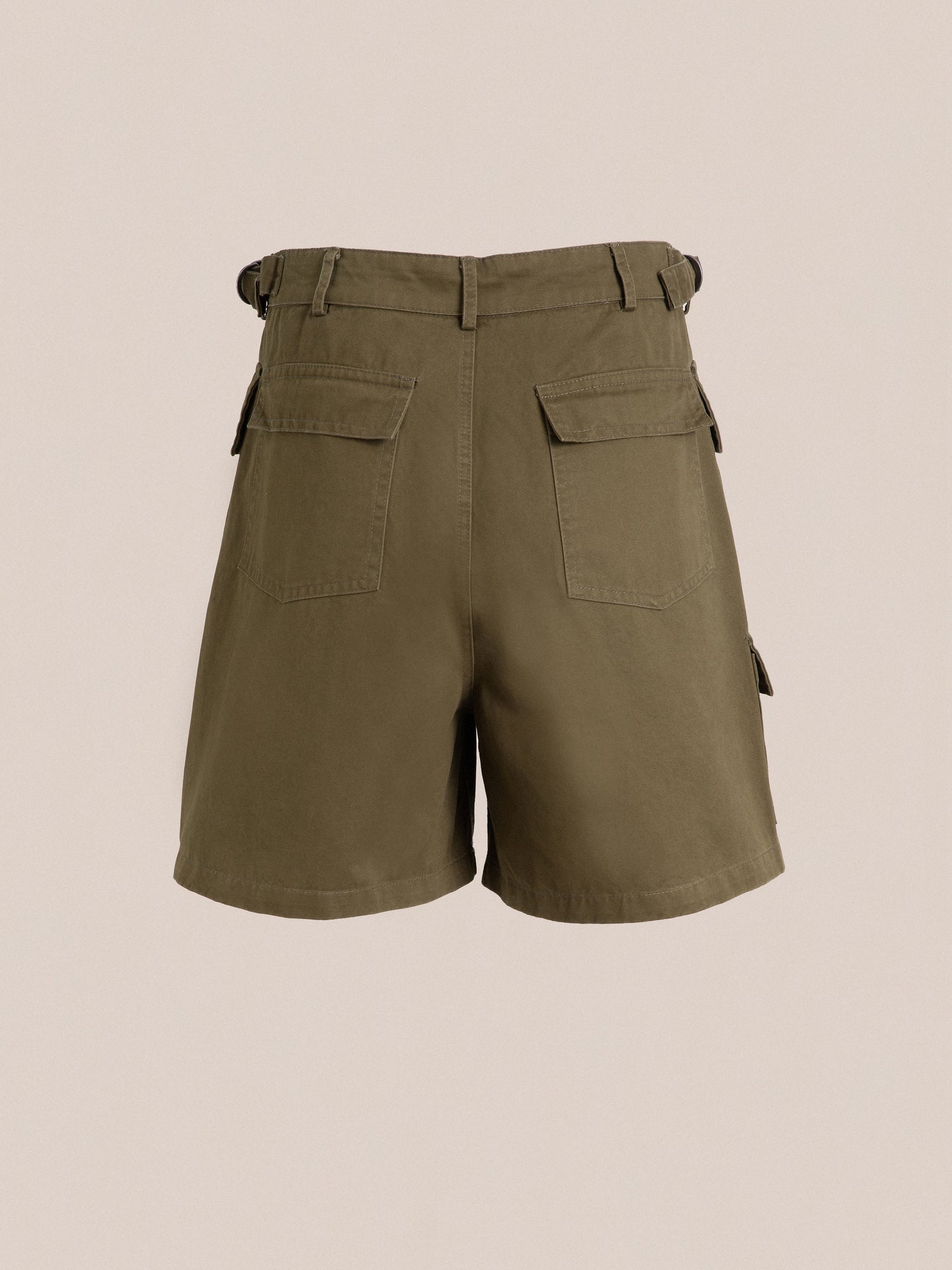The women's Found Twill Cargo Shorts in olive green feature adjustable waist tabs.