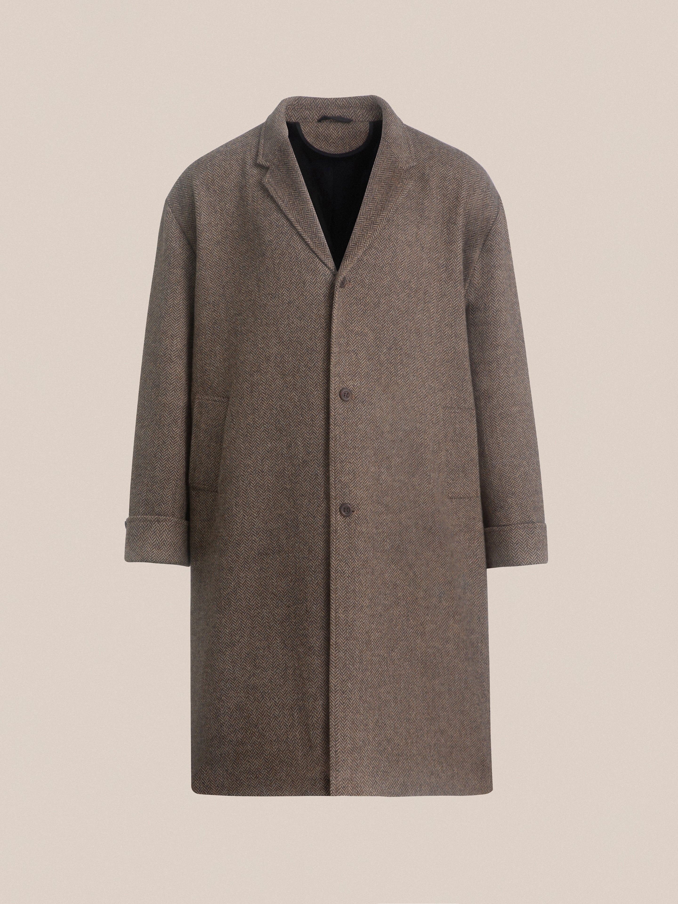 A Found Elm Tweed Long Top Coat with wood buttons on a white background.