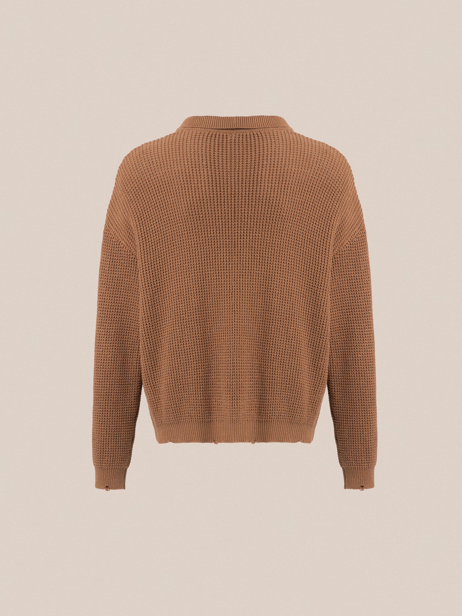 The back view of a cozy feel, Found tie-collar knit camel sweater perfect for autumn.