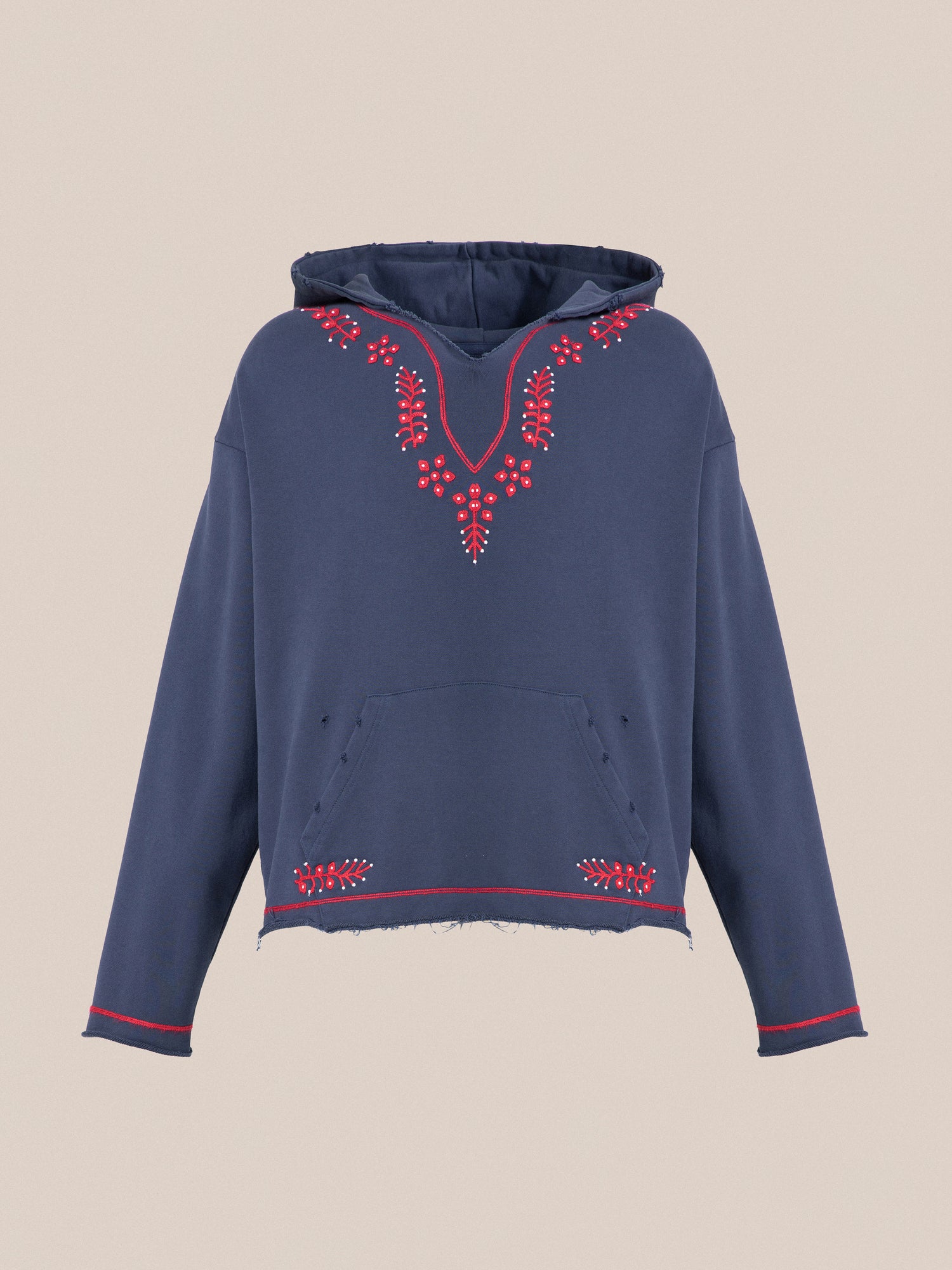 A blue Found Embroidered Hoodie with red Phulkari embroidery details.