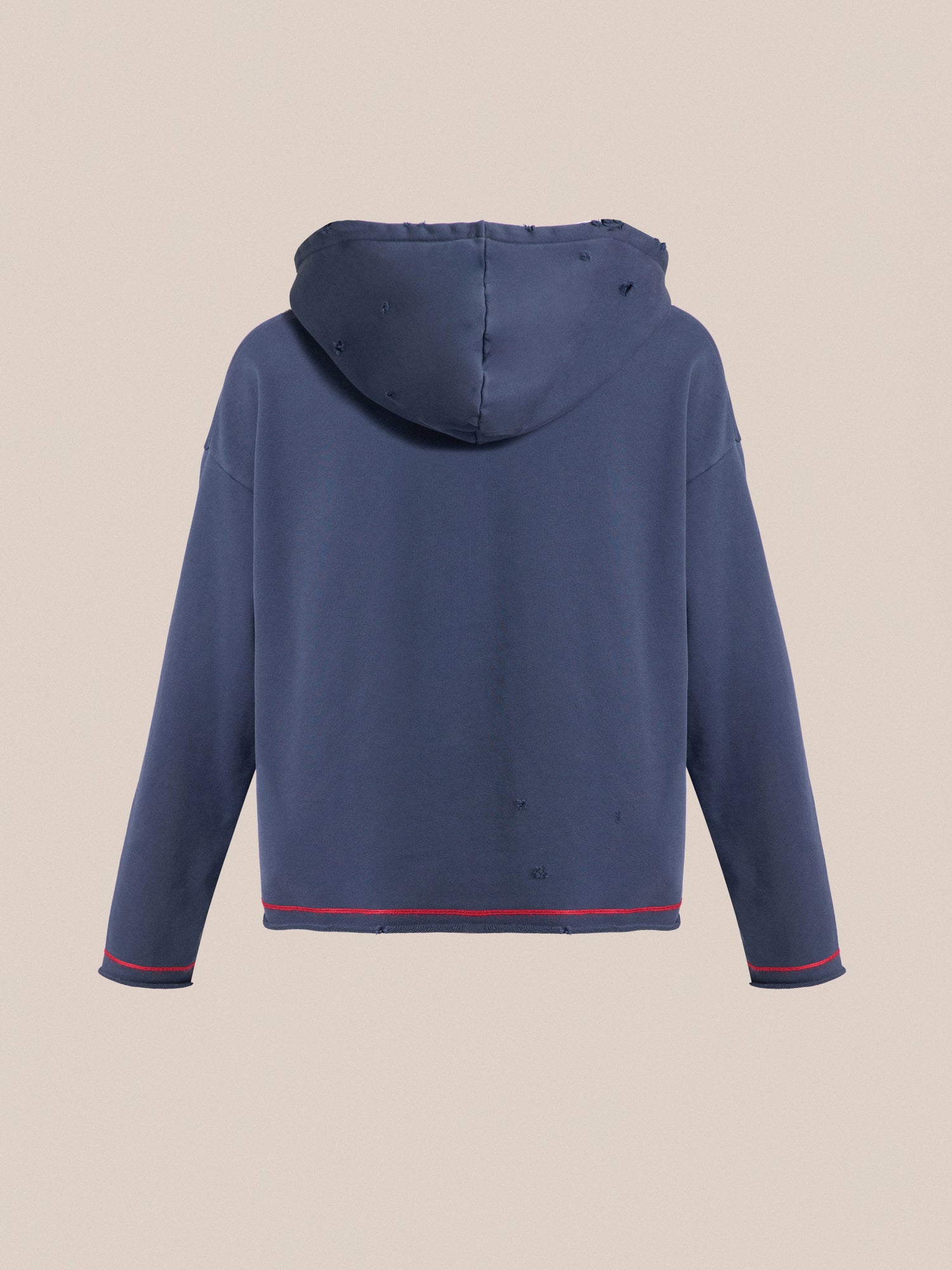 A blue hooded sweatshirt with red piping featuring Found's Indus Embroidered Hoodie.