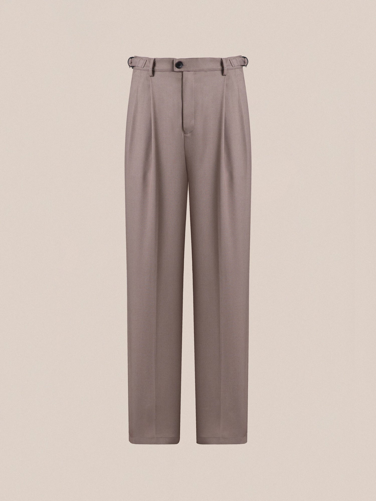 A pair of Found wide-leg taupe pleated trousers on a neutral background.
