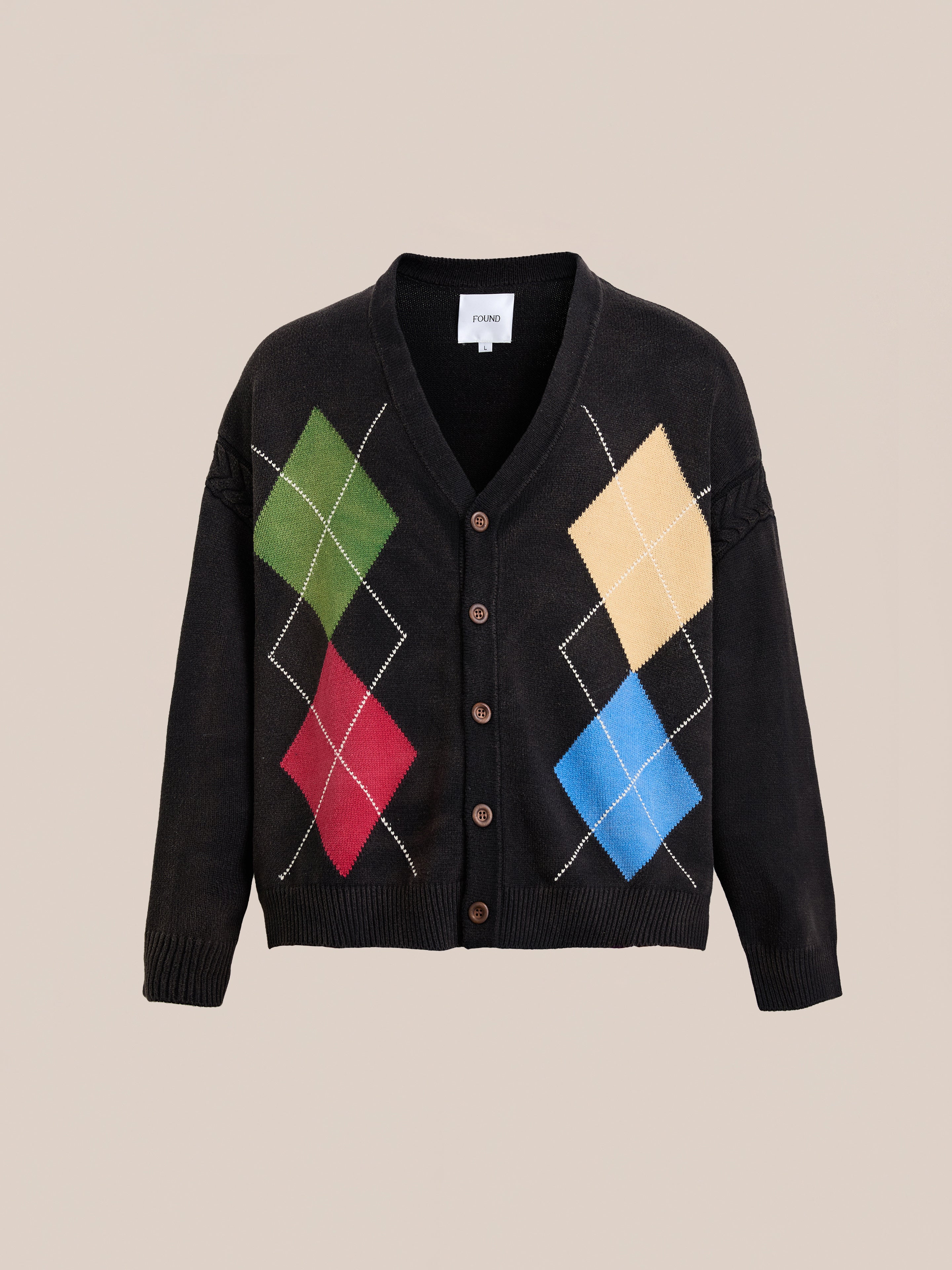The FOUND Argyle Knit Cardigan is a black unisex cotton-blend cardigan featuring large green, red, yellow, and blue diamond patterns on the front for comfort and style.