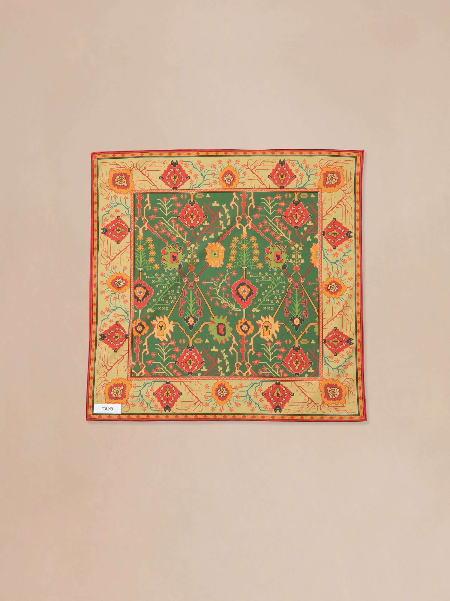 A cotton blend rug with a red and orange Found Botanical Mosaic Bandana design.