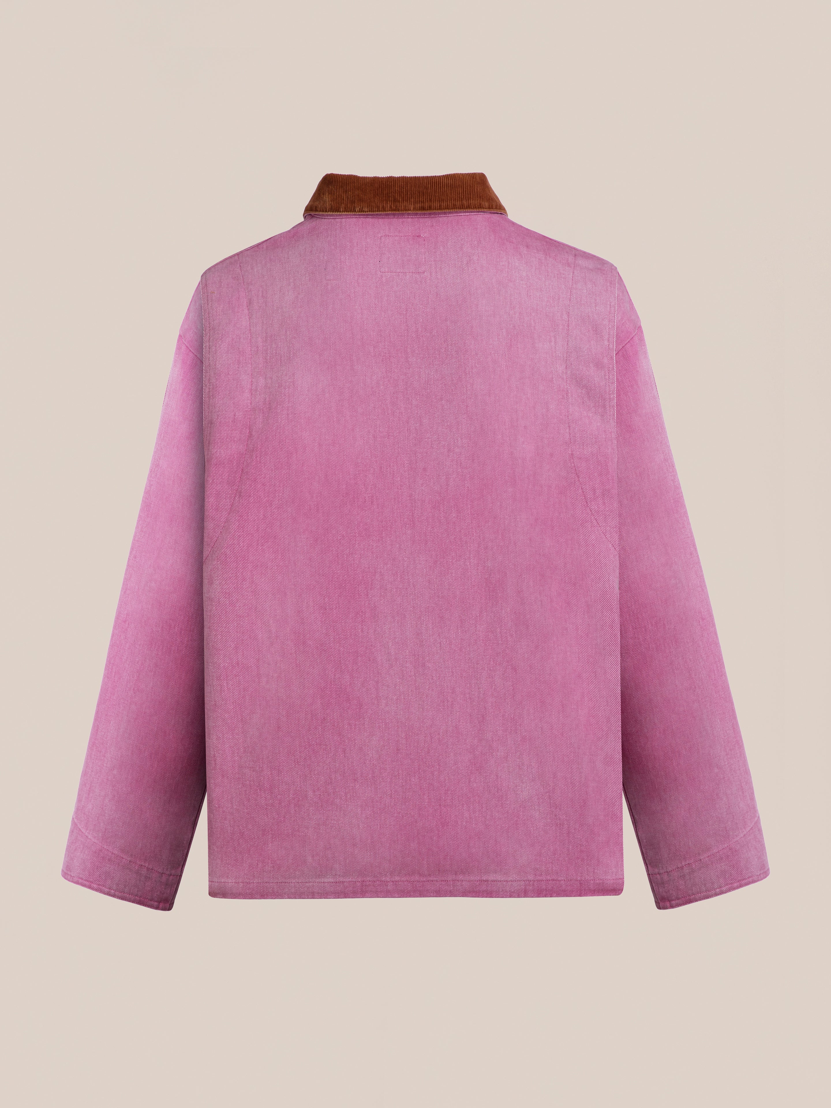 The Found Washed Fireman Clasp Workshop Jacket is a pink unisex utility piece with wide sleeves and a contrasting brown corduroy collar, shown from the back against a plain beige background.