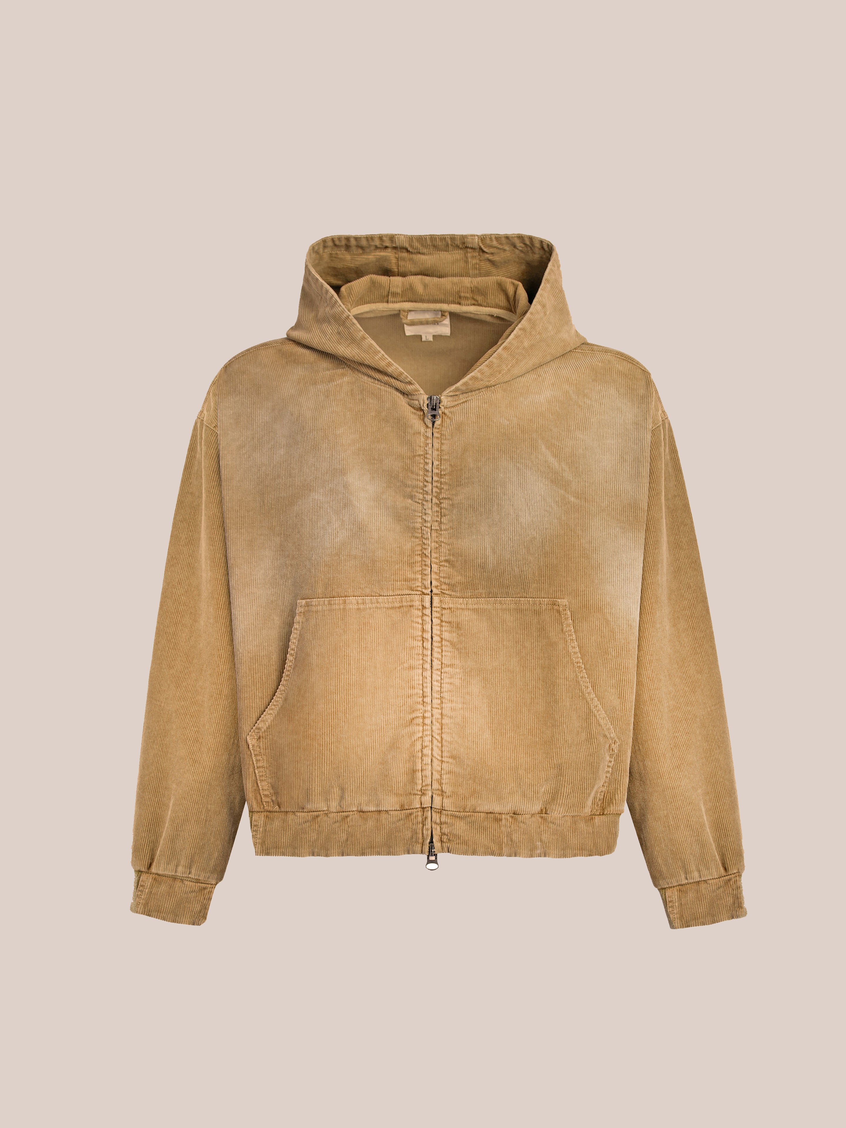 The FOUND Corduroy Zip Up Hoodie features a light brown cable knit look, unisex relaxed fit, zip front, and handy pockets, shown on a plain beige background.