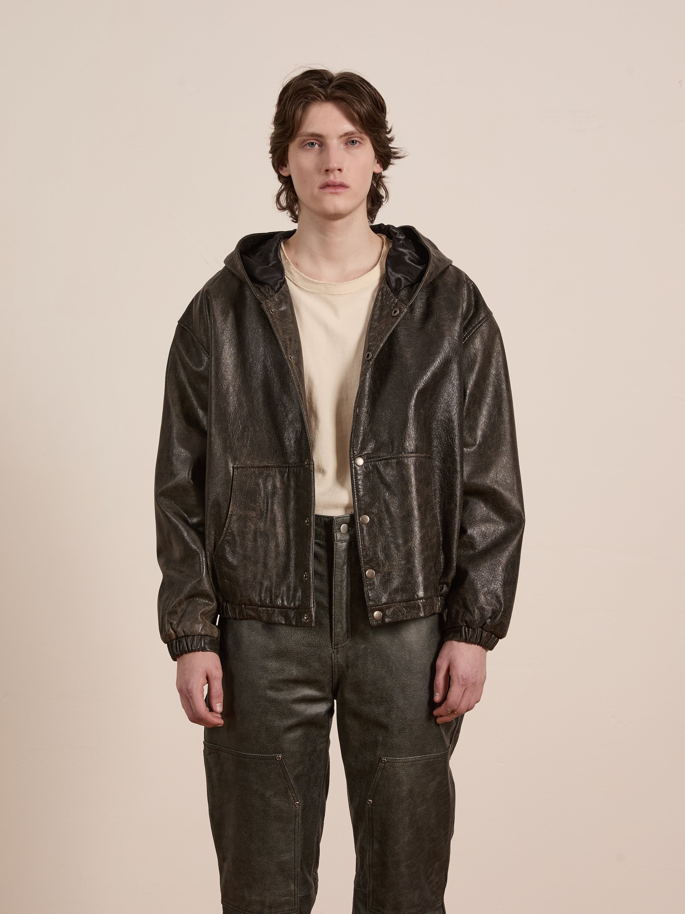 Distressed Genuine Leather Hoodie