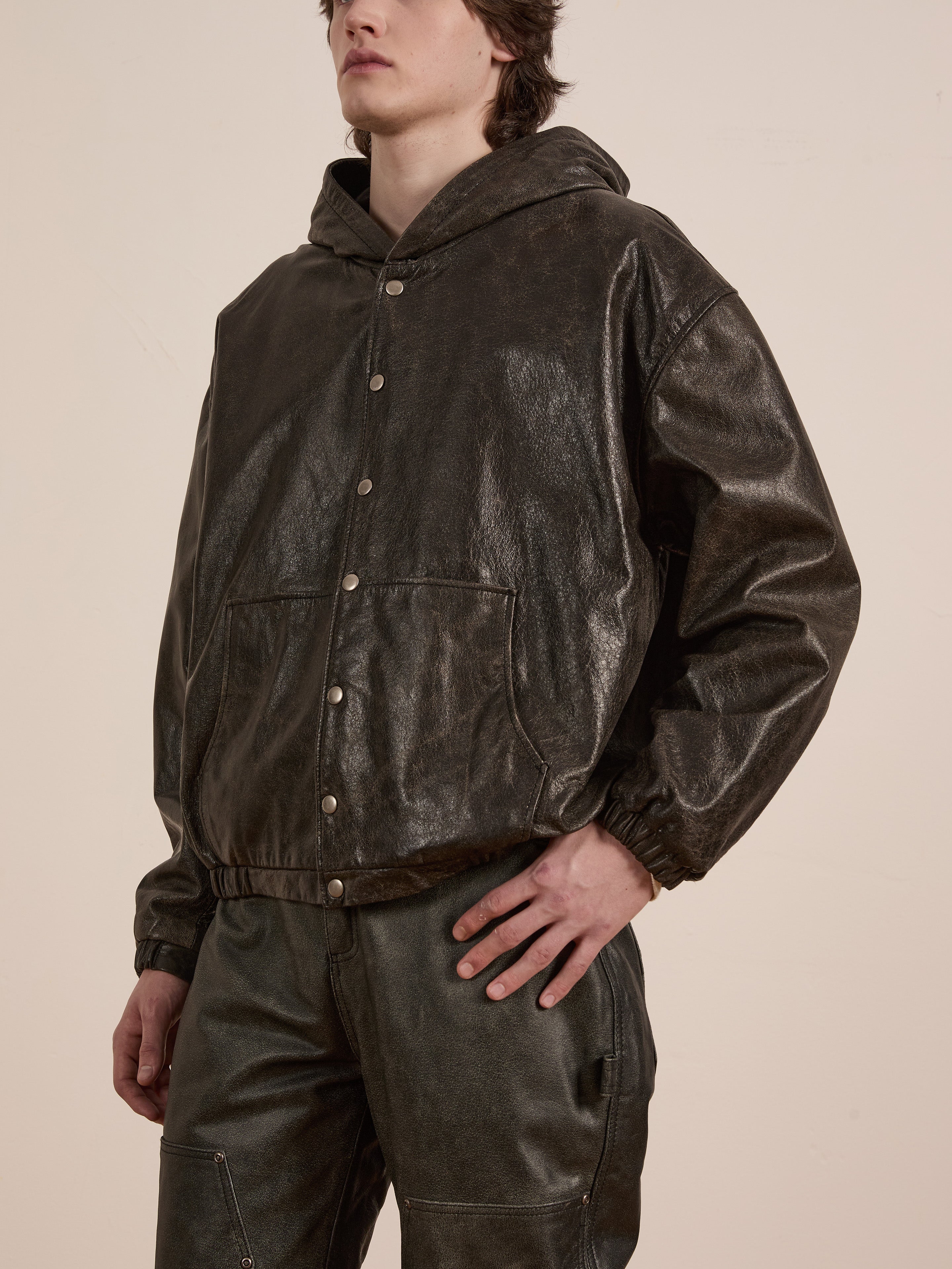 Distressed Genuine Leather Hoodie