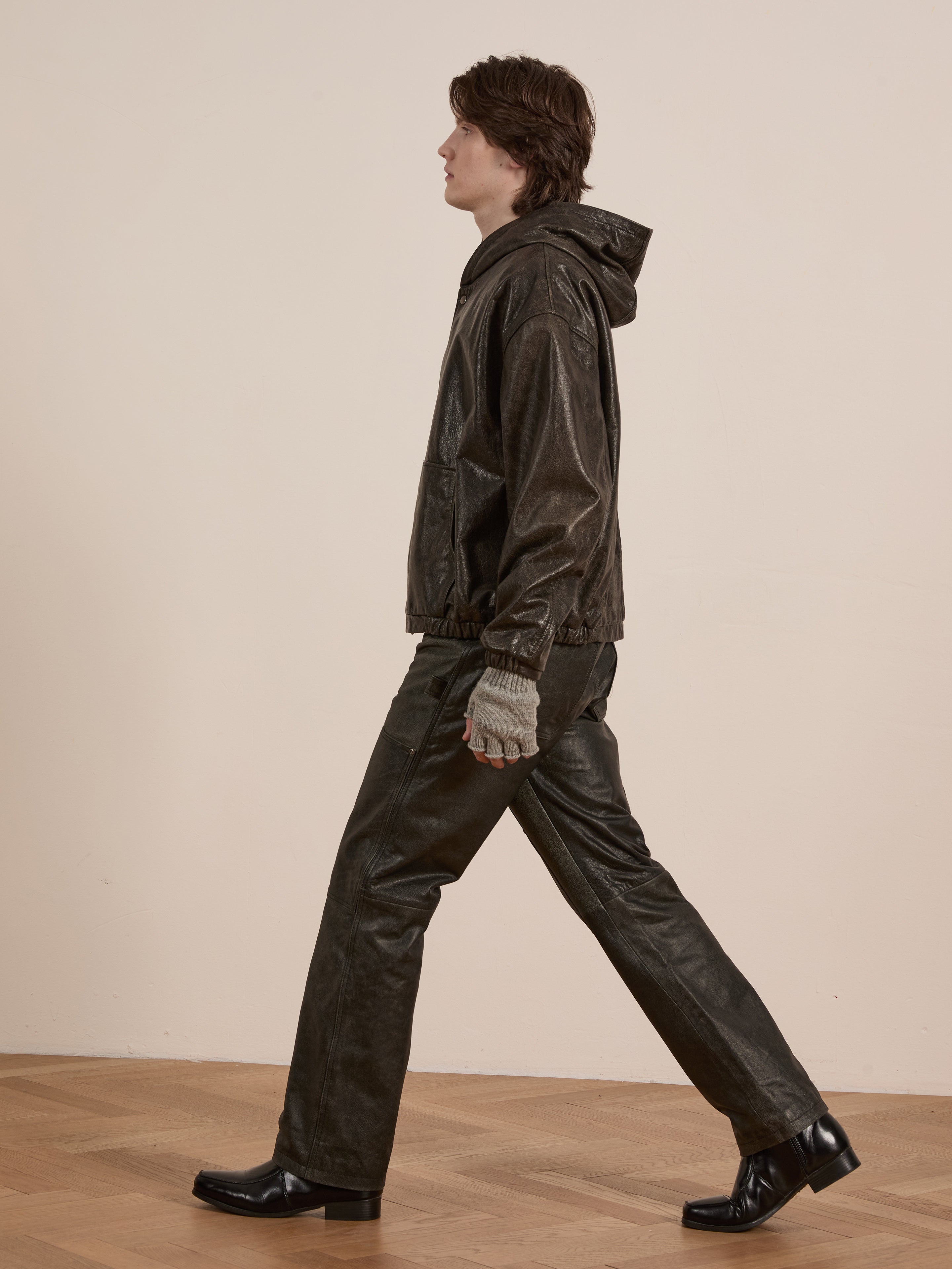 Distressed Genuine Leather Hoodie