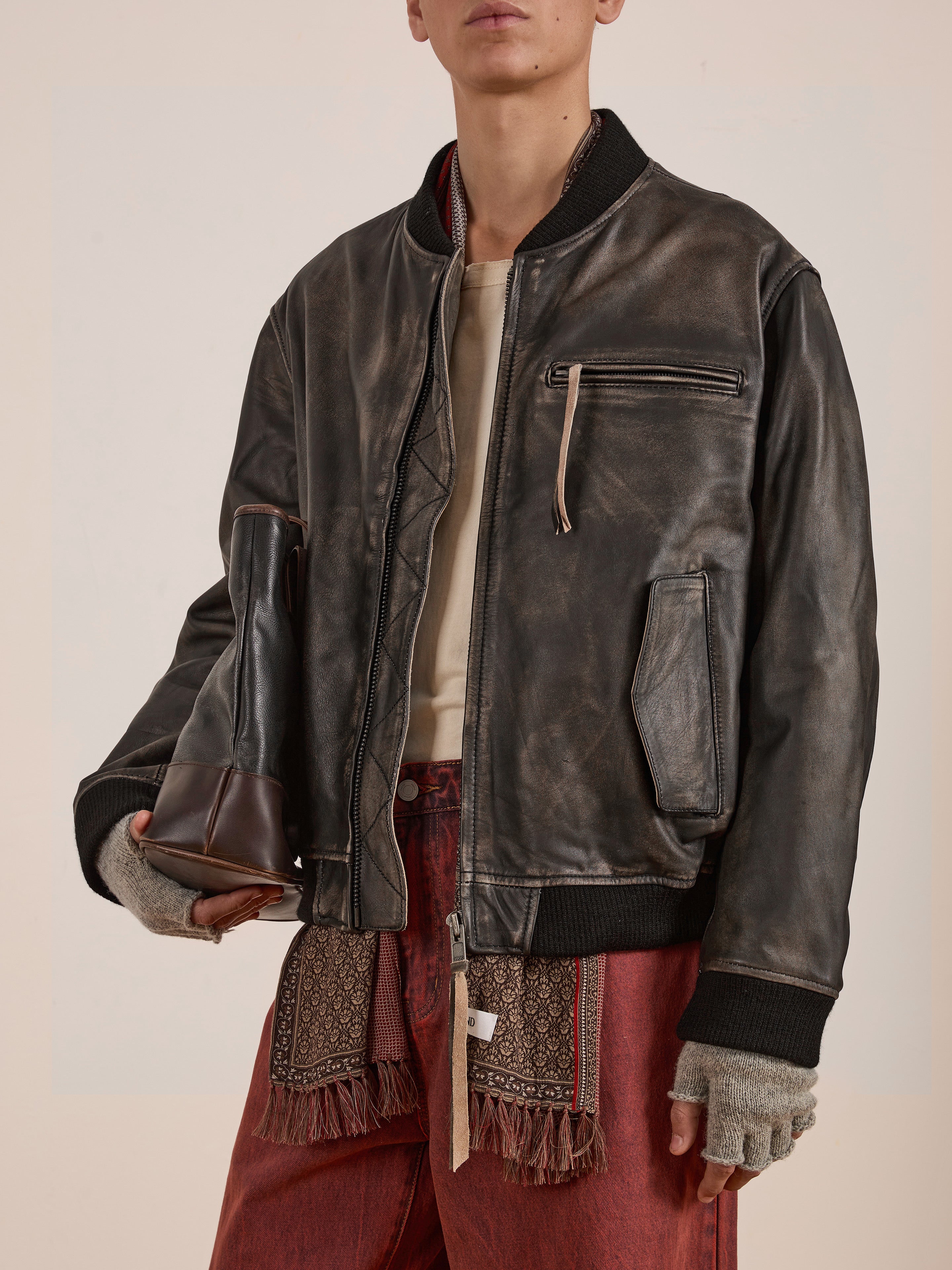 Distressed Pavement Leather Bomber Jacket