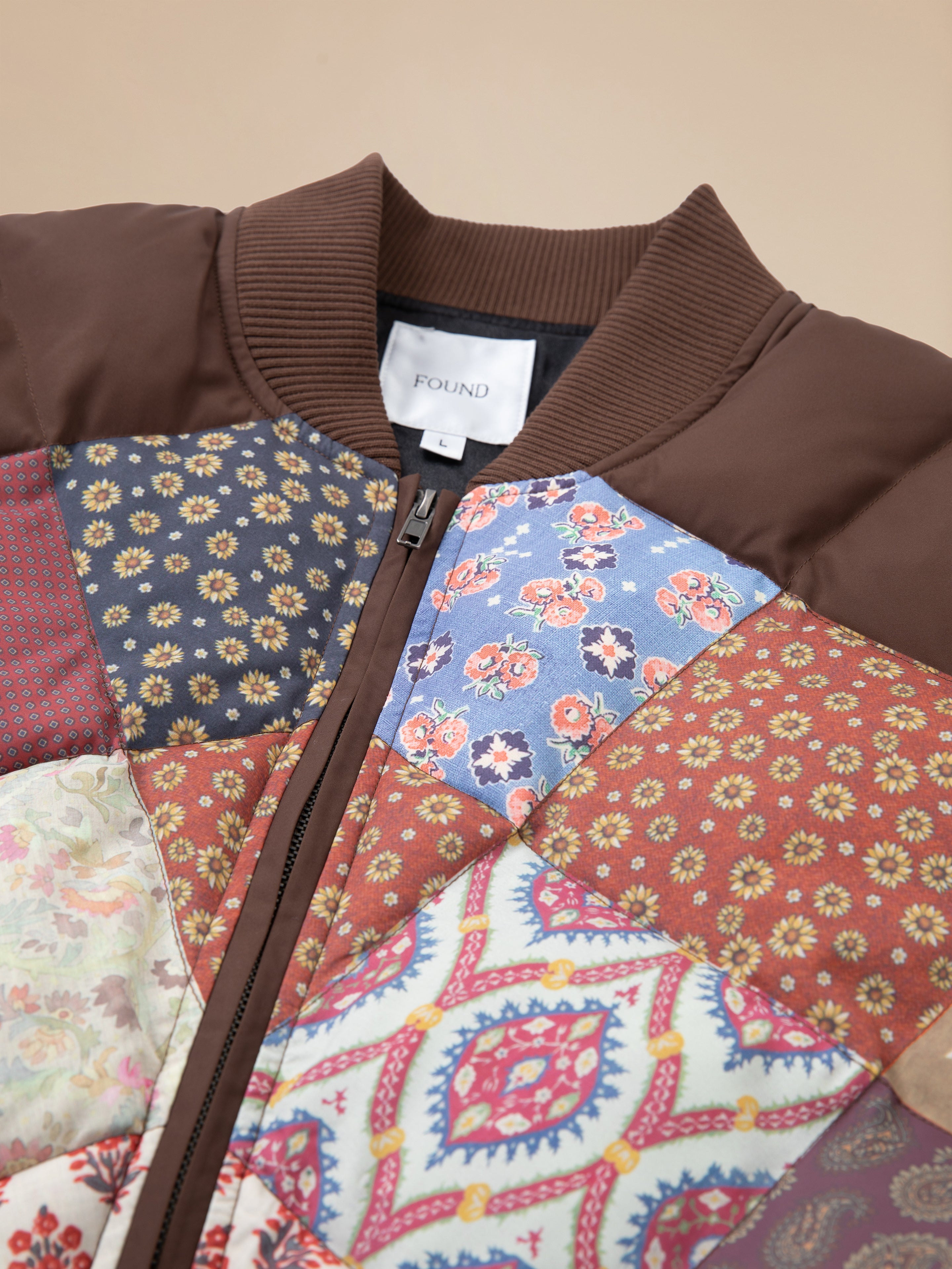 A pre-order Found Diamond Quilt Patchwork Jacket with South Asian prints.