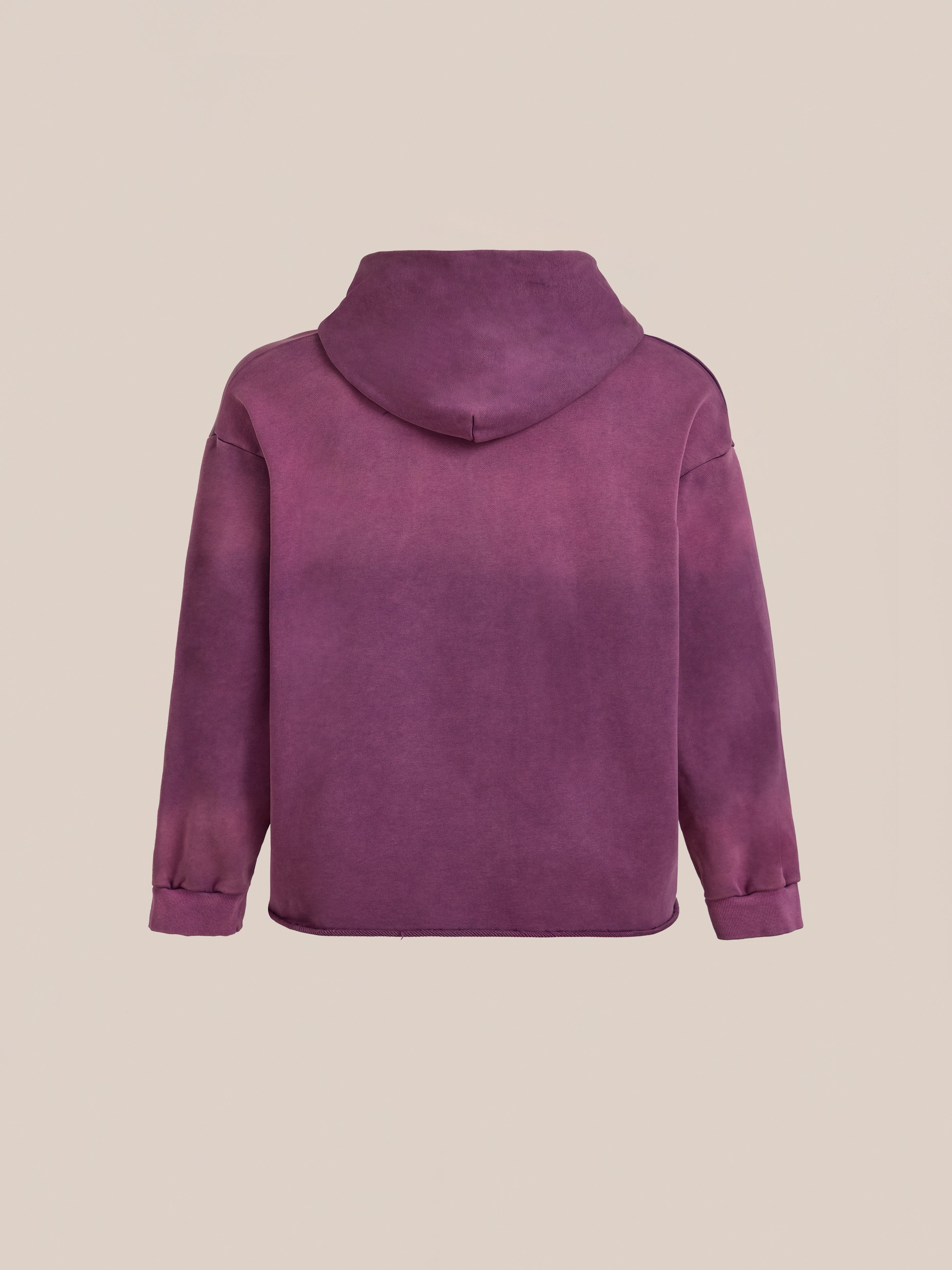 A FOUND Embroidered Wildlife Hoodie in purple vintage French-terry, shown from the back on a plain beige background.