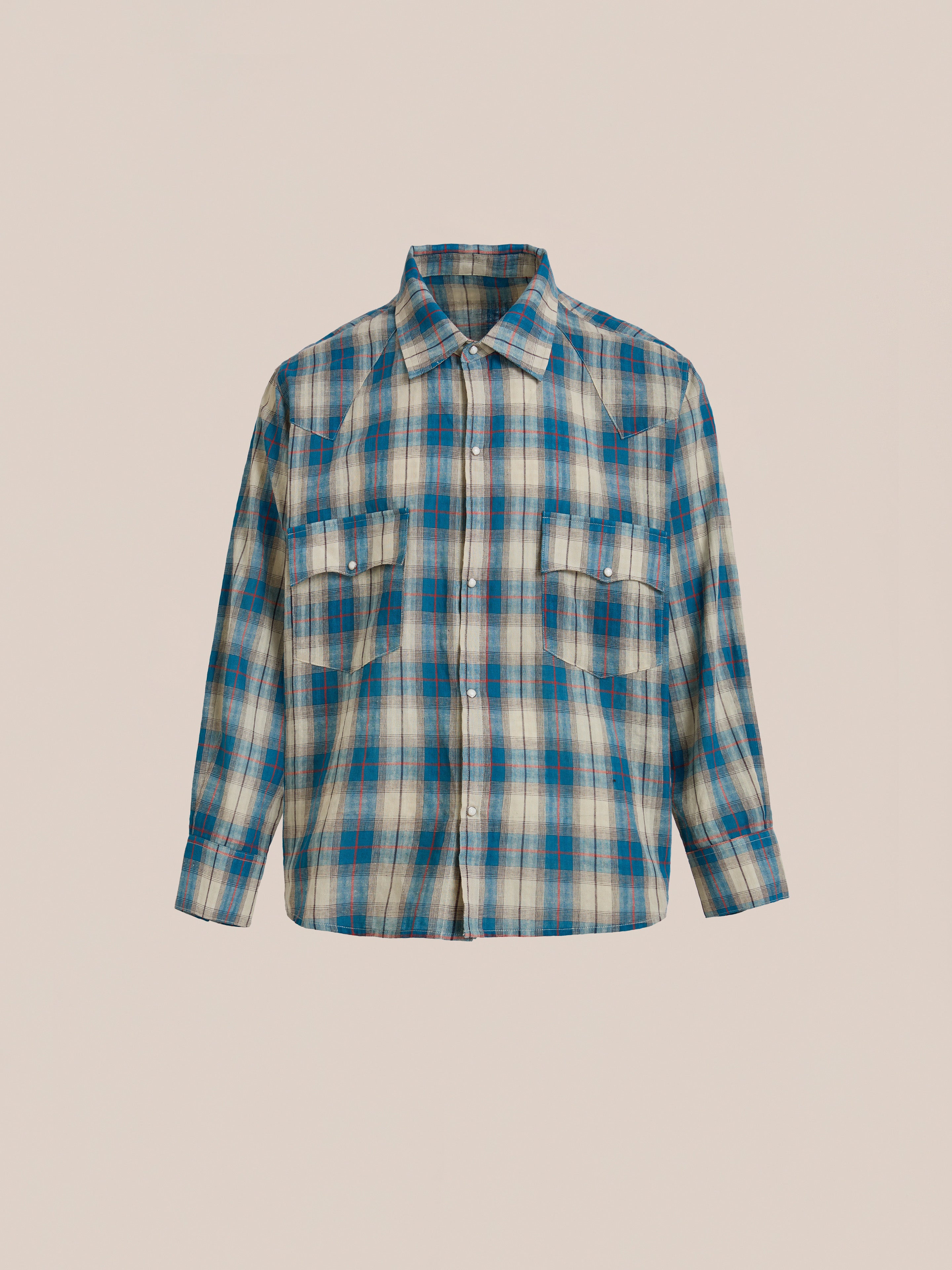 FOUND Flannel Shirt in blue and beige Western plaid with a unisex relaxed fit, long sleeves, and two chest pockets, shown on a plain light background.