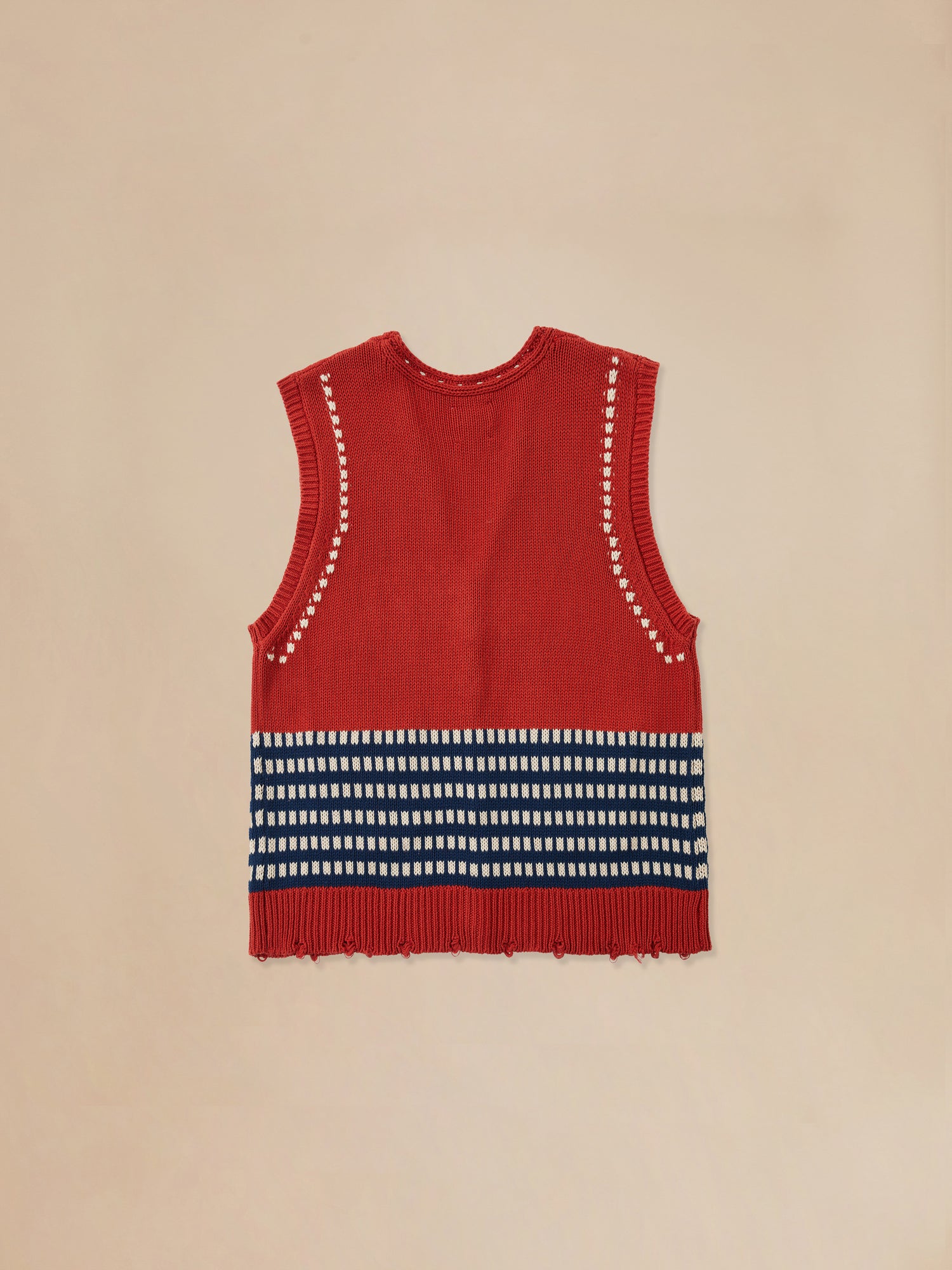 A Homestead Check Sweater Knit Vest with blue and white stripes. (Brand: Found)