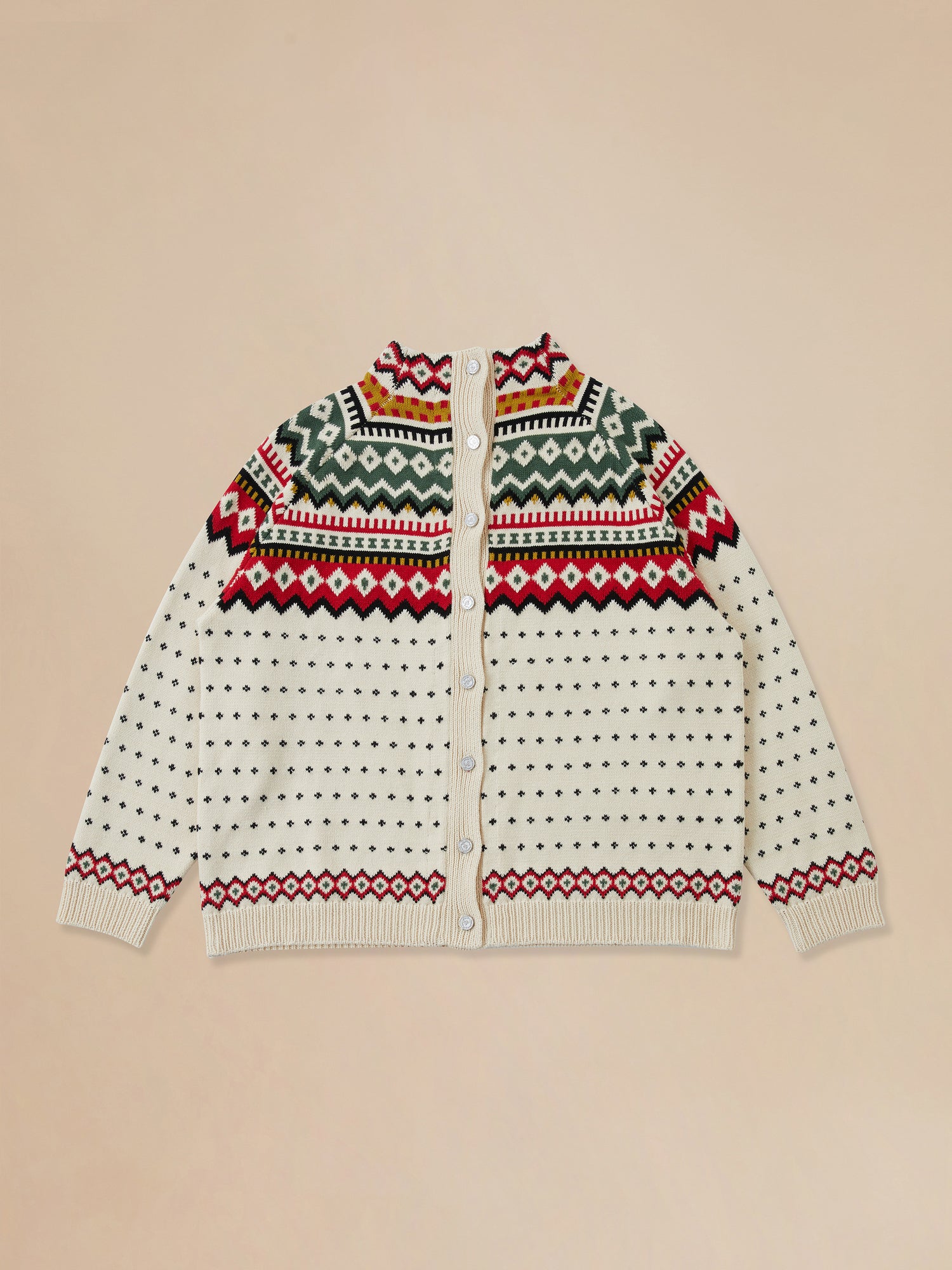 A pre-order Harwan Isles sweater showcasing Scottish Fair Isle region on a beige background by Found.