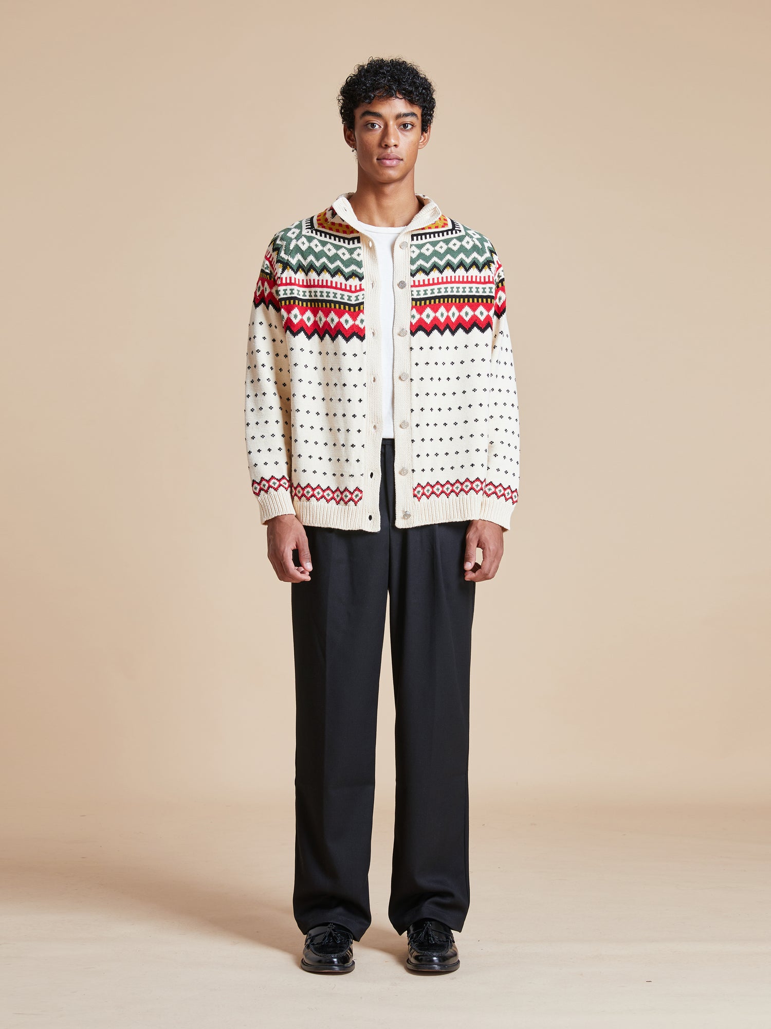 A man wearing a Harwan Isles sweater from the Found brand.