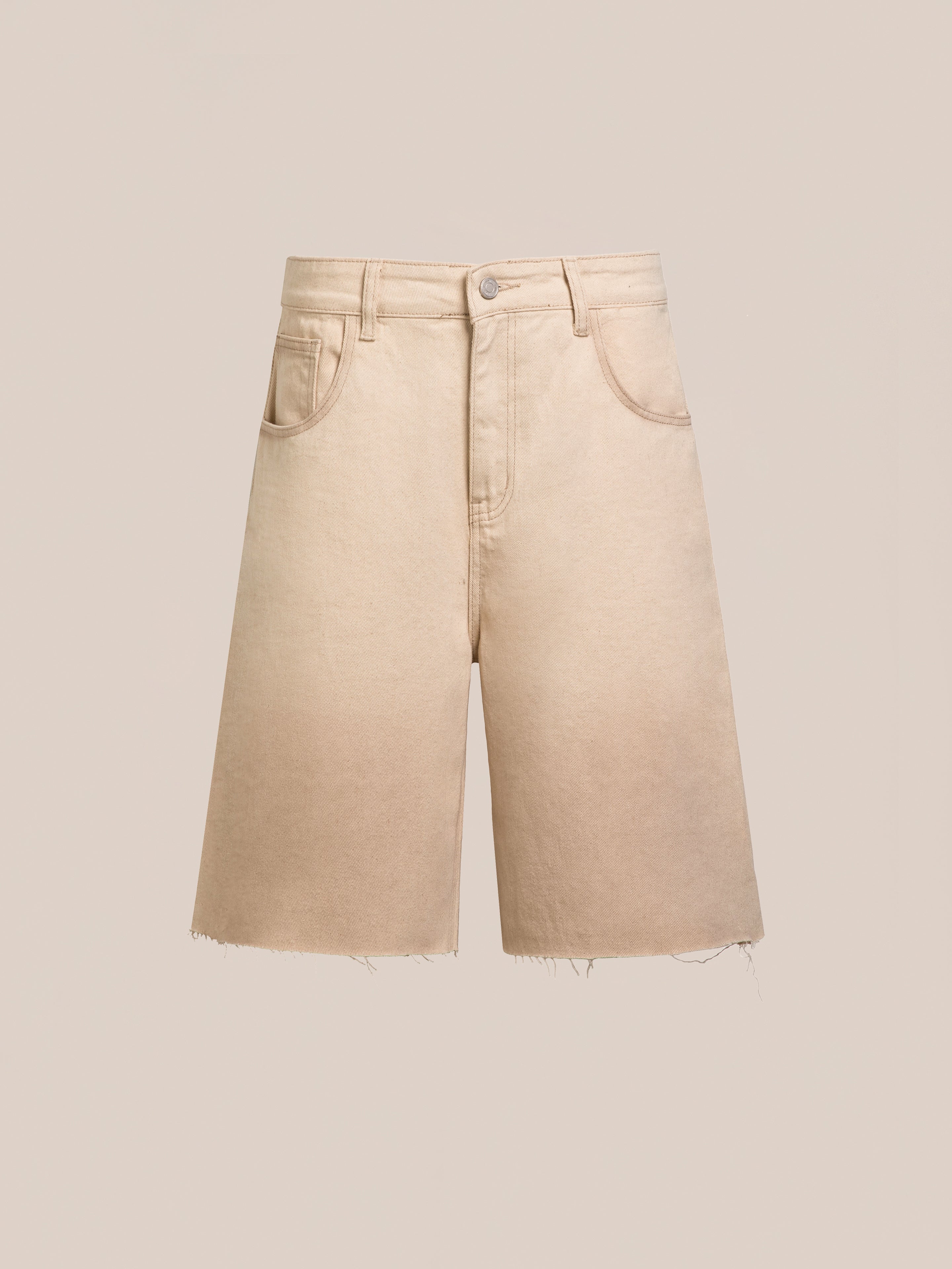 The FOUND Lacy Jean Jorts feature a raw hem, five-pocket design, and front button closure for a classic distressed denim look, shown on a plain background.