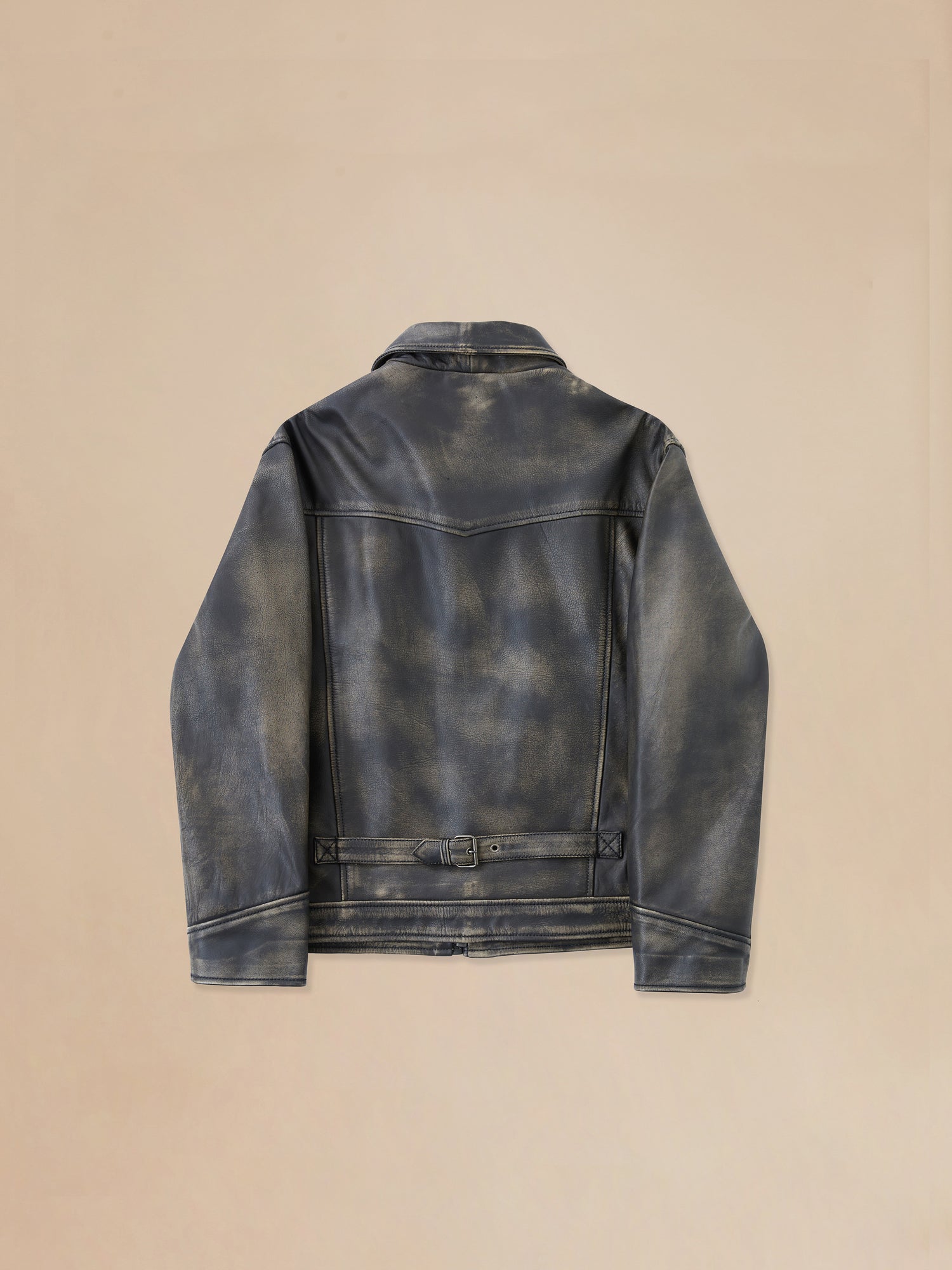 The back view of a Found Distressed Leather Pocket Jacket on a beige background.