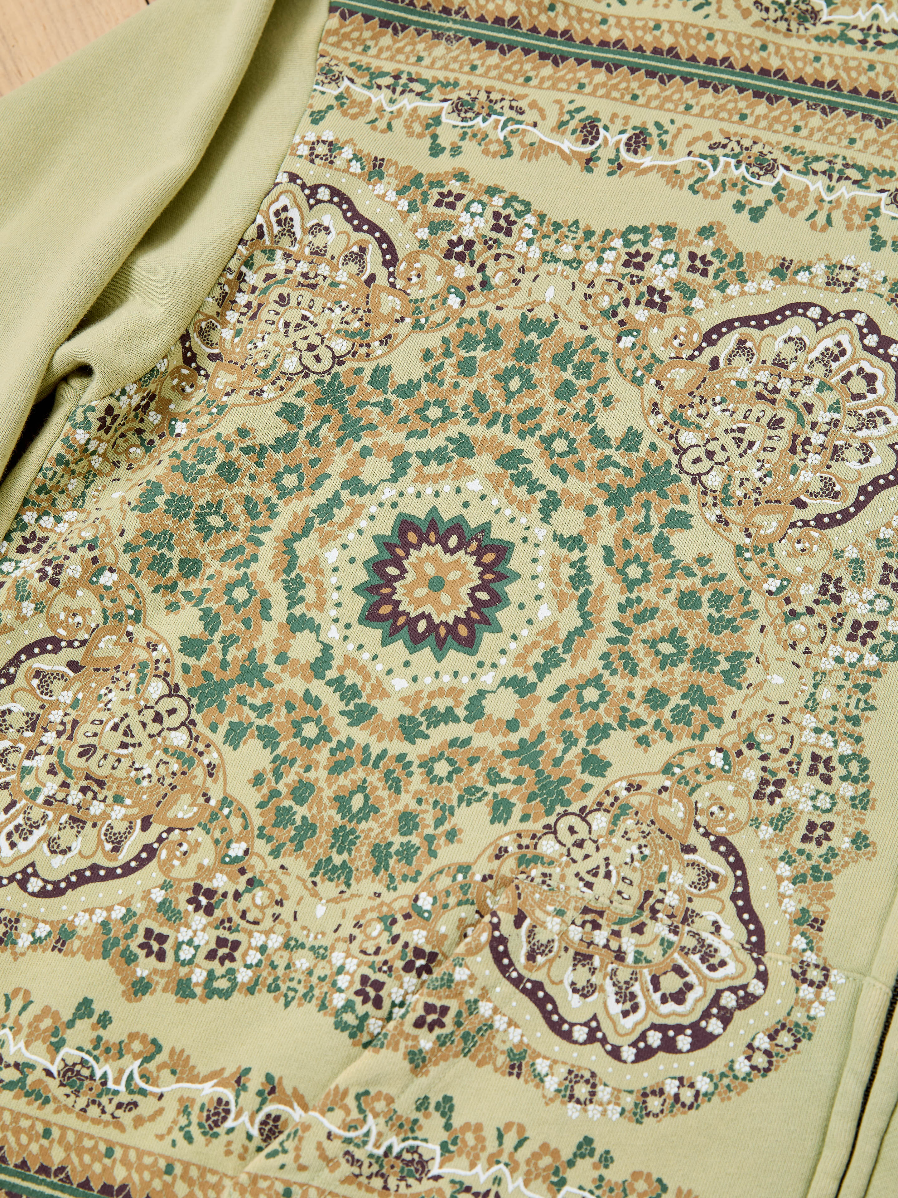 Close-up of the FOUND Motif Zip-Up Hoodie, featuring intricate geometric and floral patterns in green, beige, and brown tones—symmetrical mandala-inspired motifs make it a streetwear essential.
