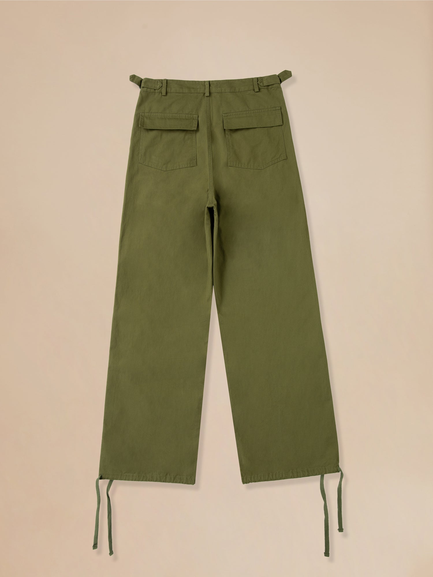 A pair of Found Parachute Cargo Twill Pants in olive green.