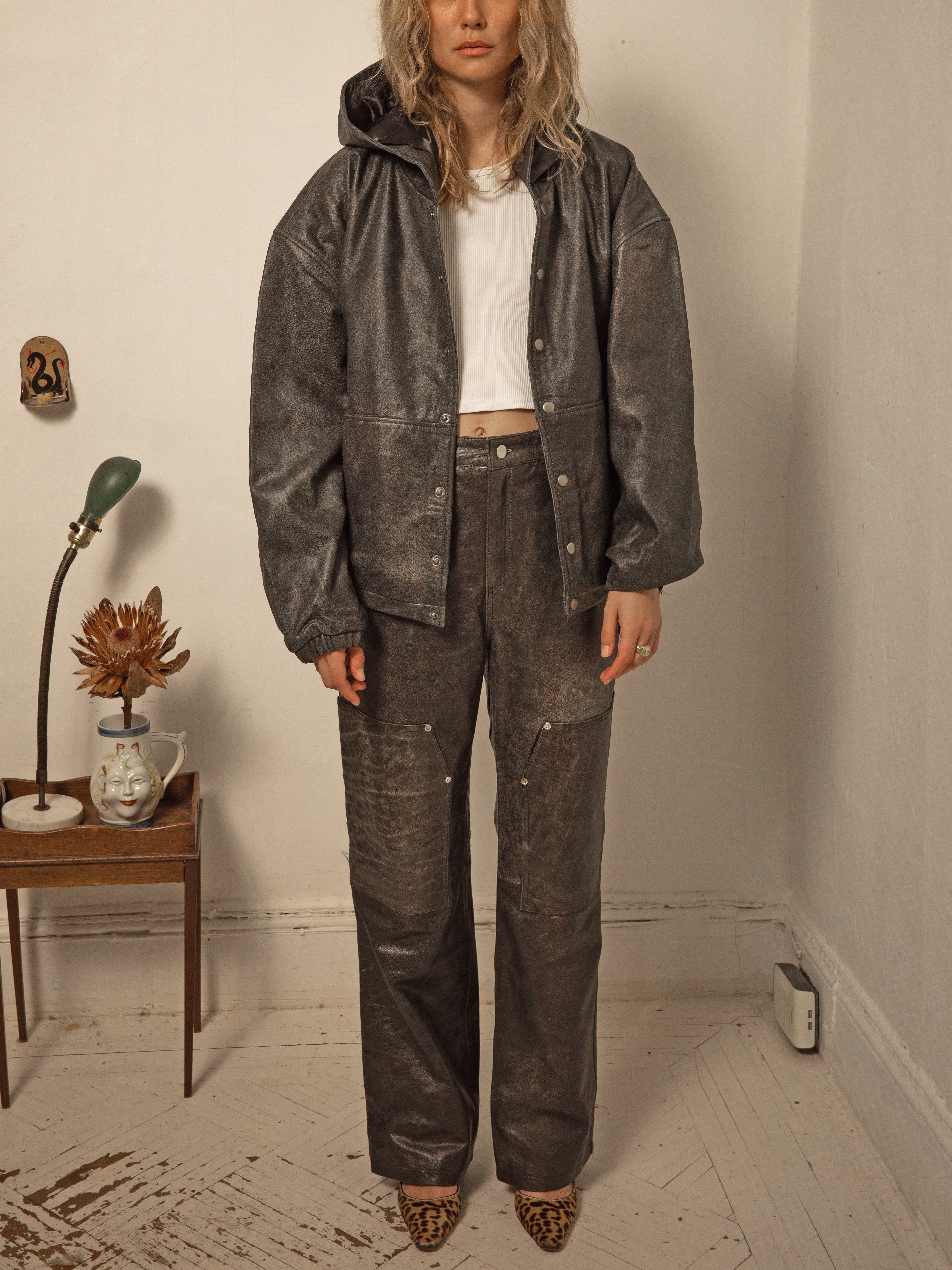 Distressed Genuine Leather Hoodie