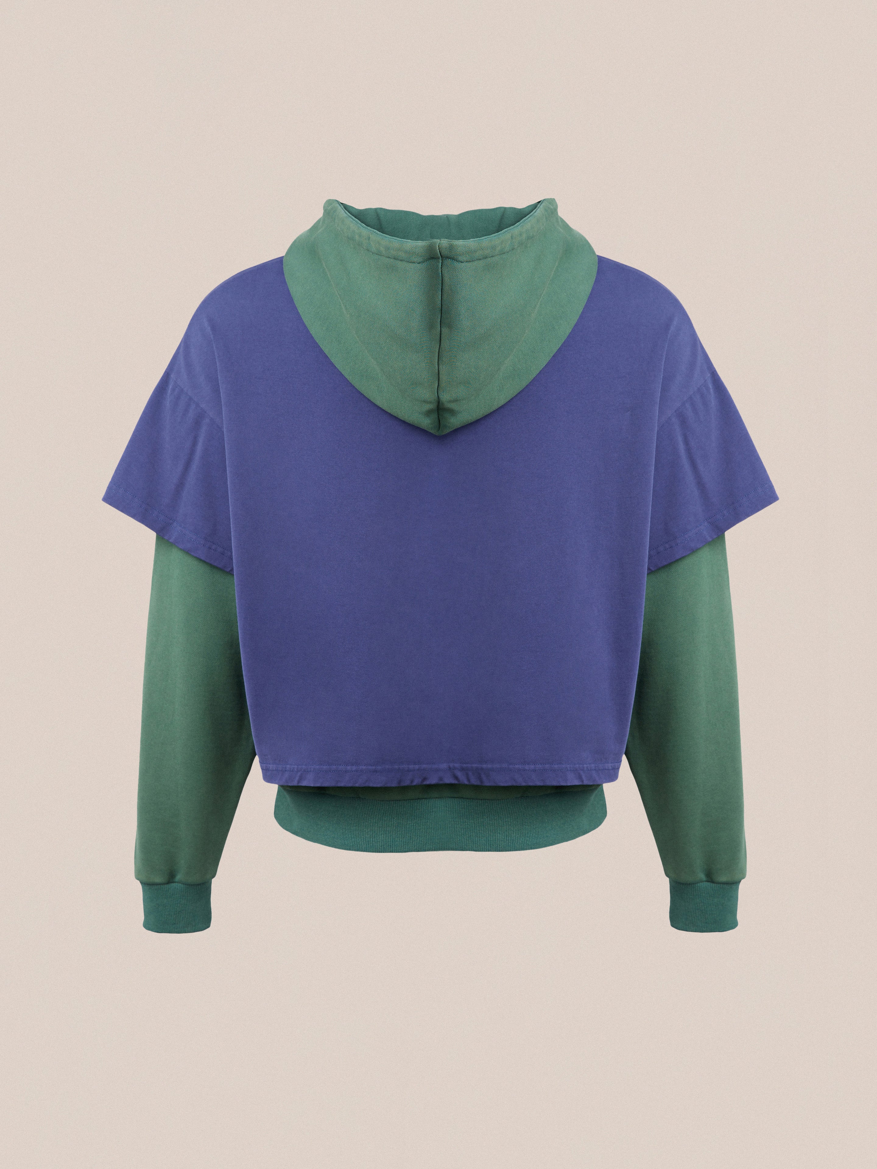 The back view of a blue and green Found double layer hoodie.