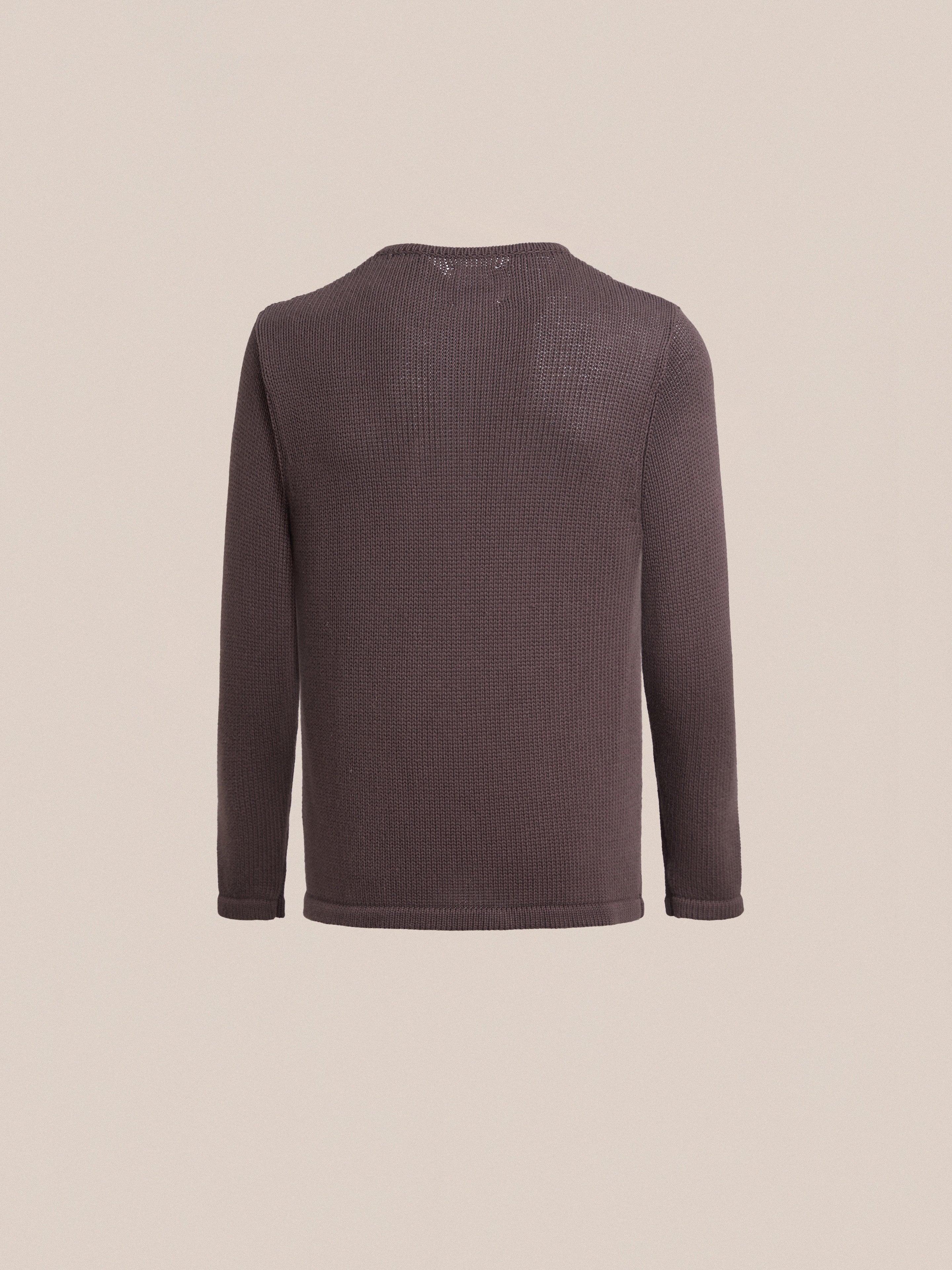 The back view of a grey long-sleeved Profound premium cotton Knit Henley shirt.