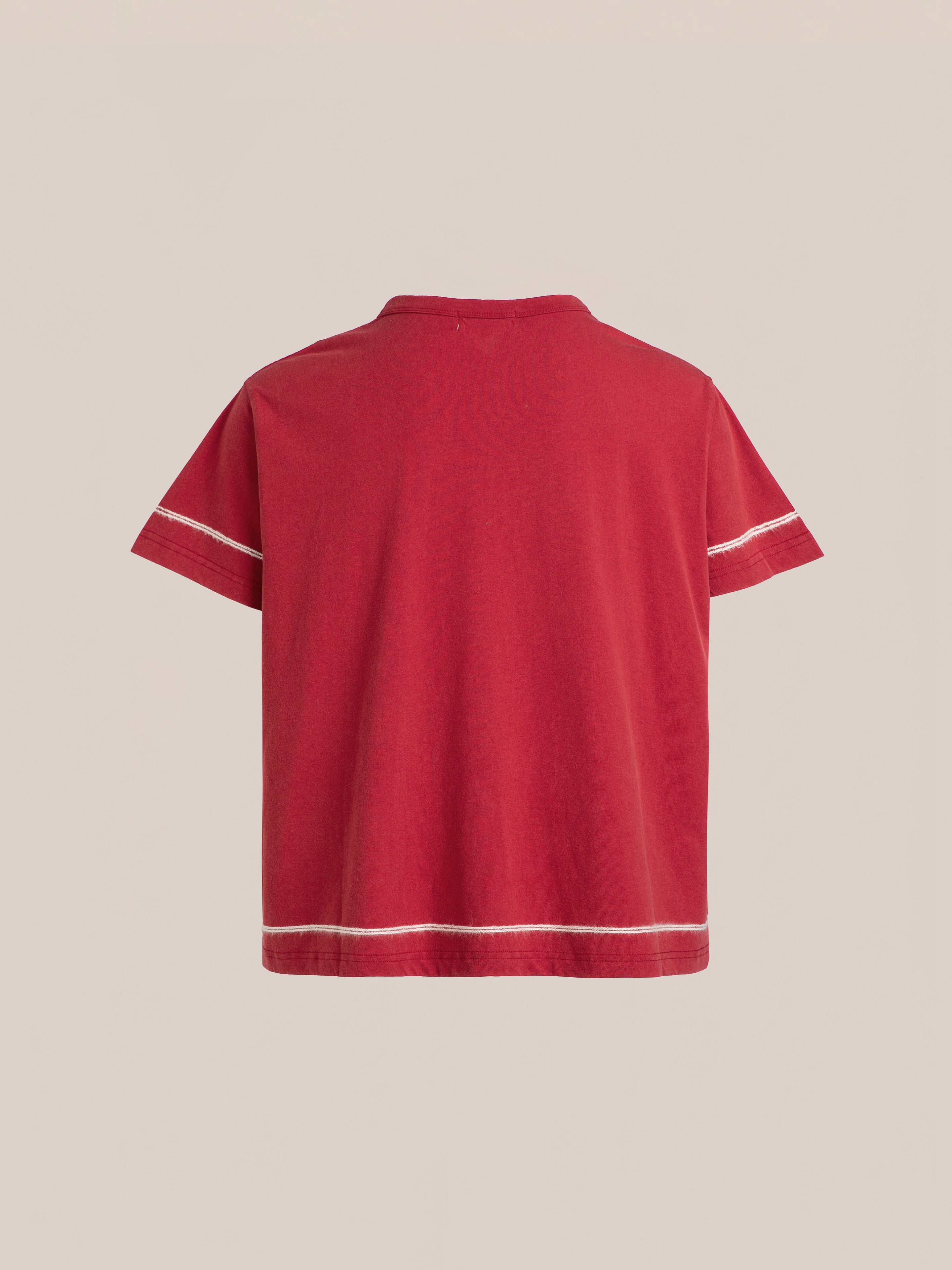 Back view of a red **Embroidered Henley** by **FOUND**, featuring kantha-style embroidery along the white-stitched sleeves and hem, made from 100% cotton.