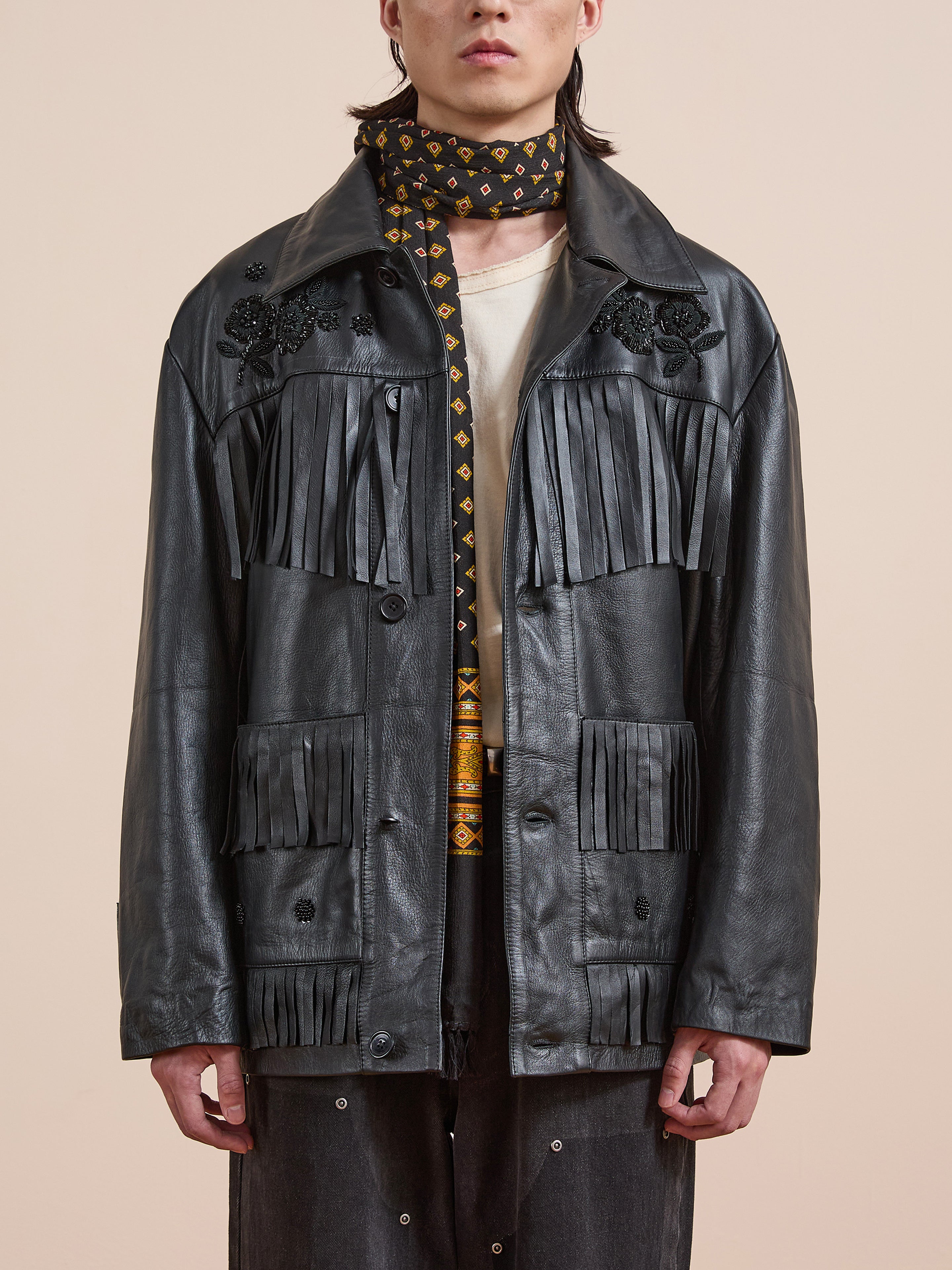 Hand Embroidered Leather Fringe Jacket