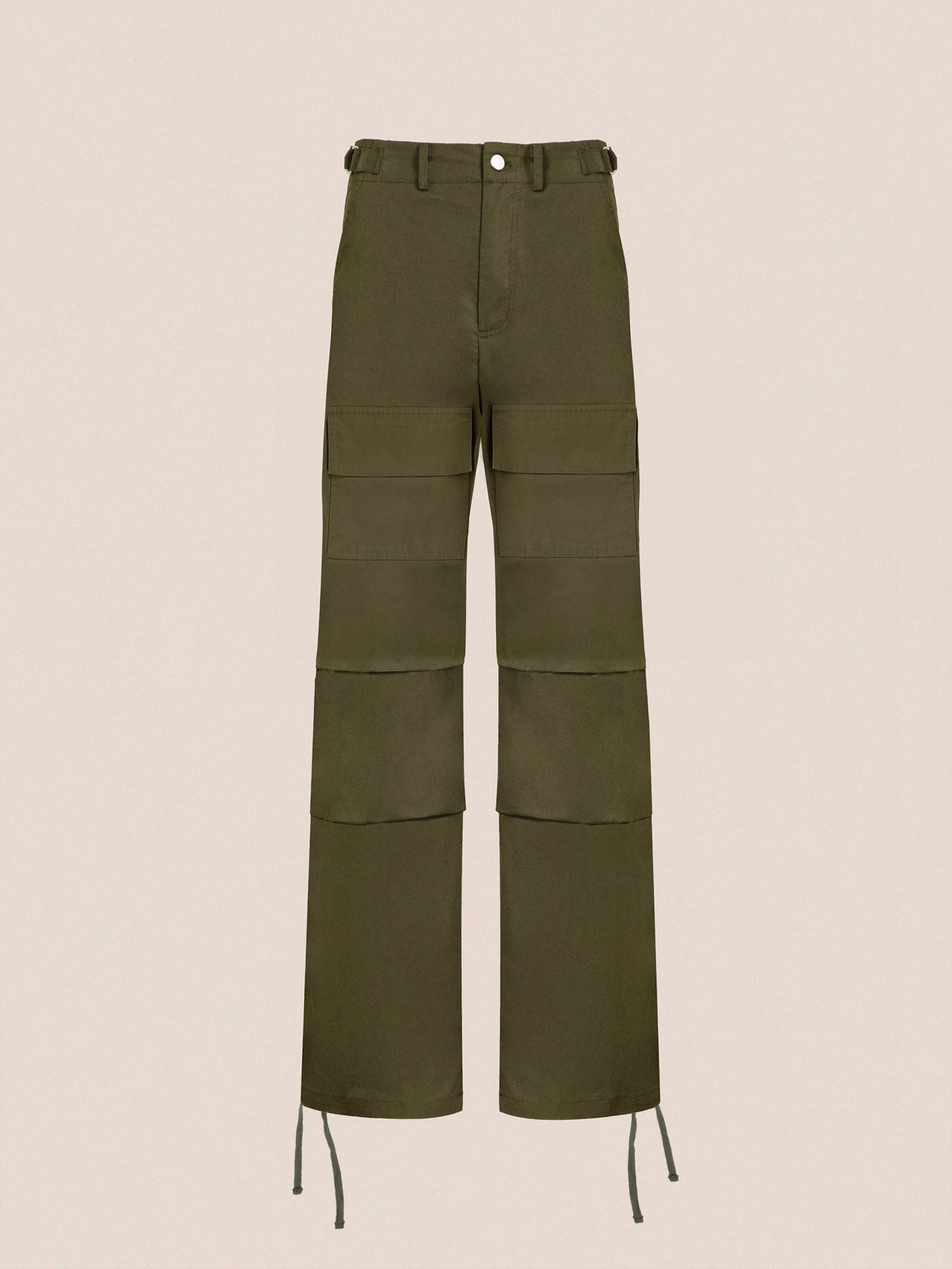 Olive green Found Parachute Cargo Twill Pants with multiple pockets and drawstring details, displayed against a plain background.