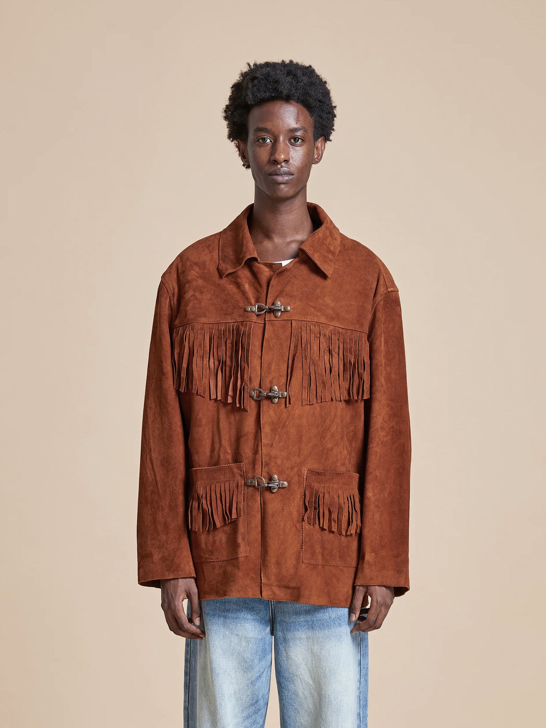 Mens denim hot sale fringe jacket