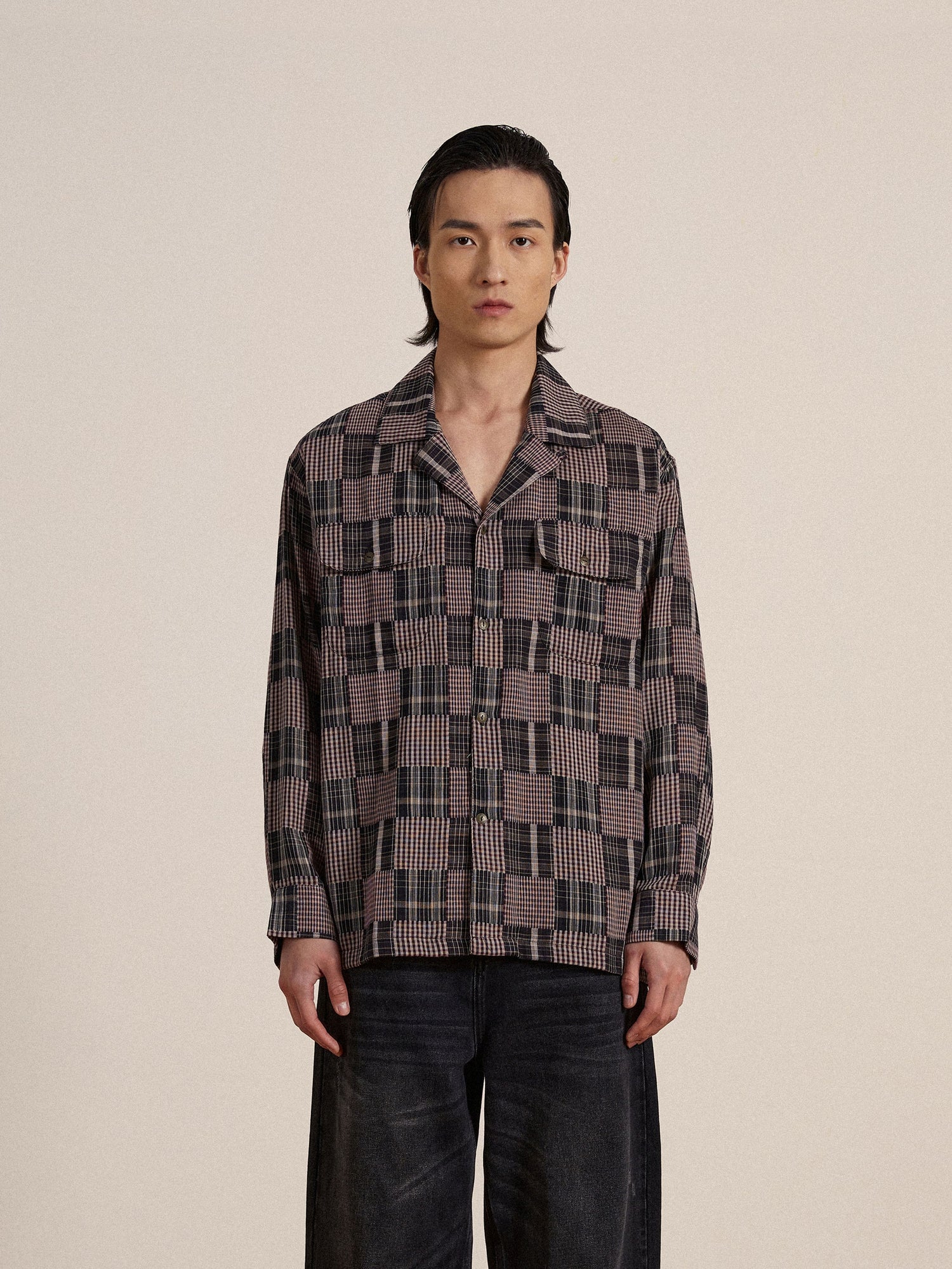 A man wearing a Found timeless silhouette Multi-Flannel LS Camp Shirt.