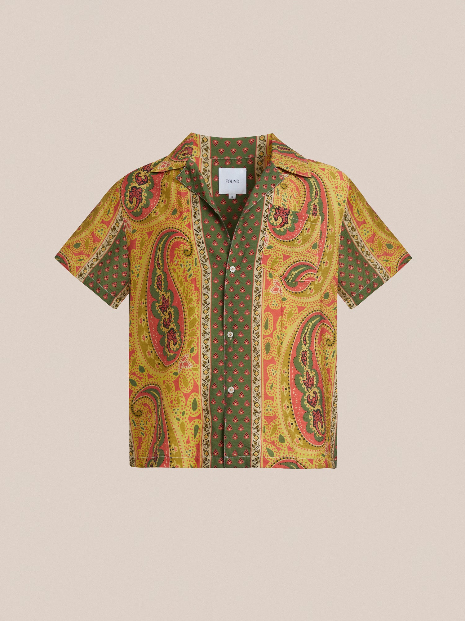 A Found Pench Paisley SS Camp Shirt with a Paisley print on it, reflecting cultural heritage.