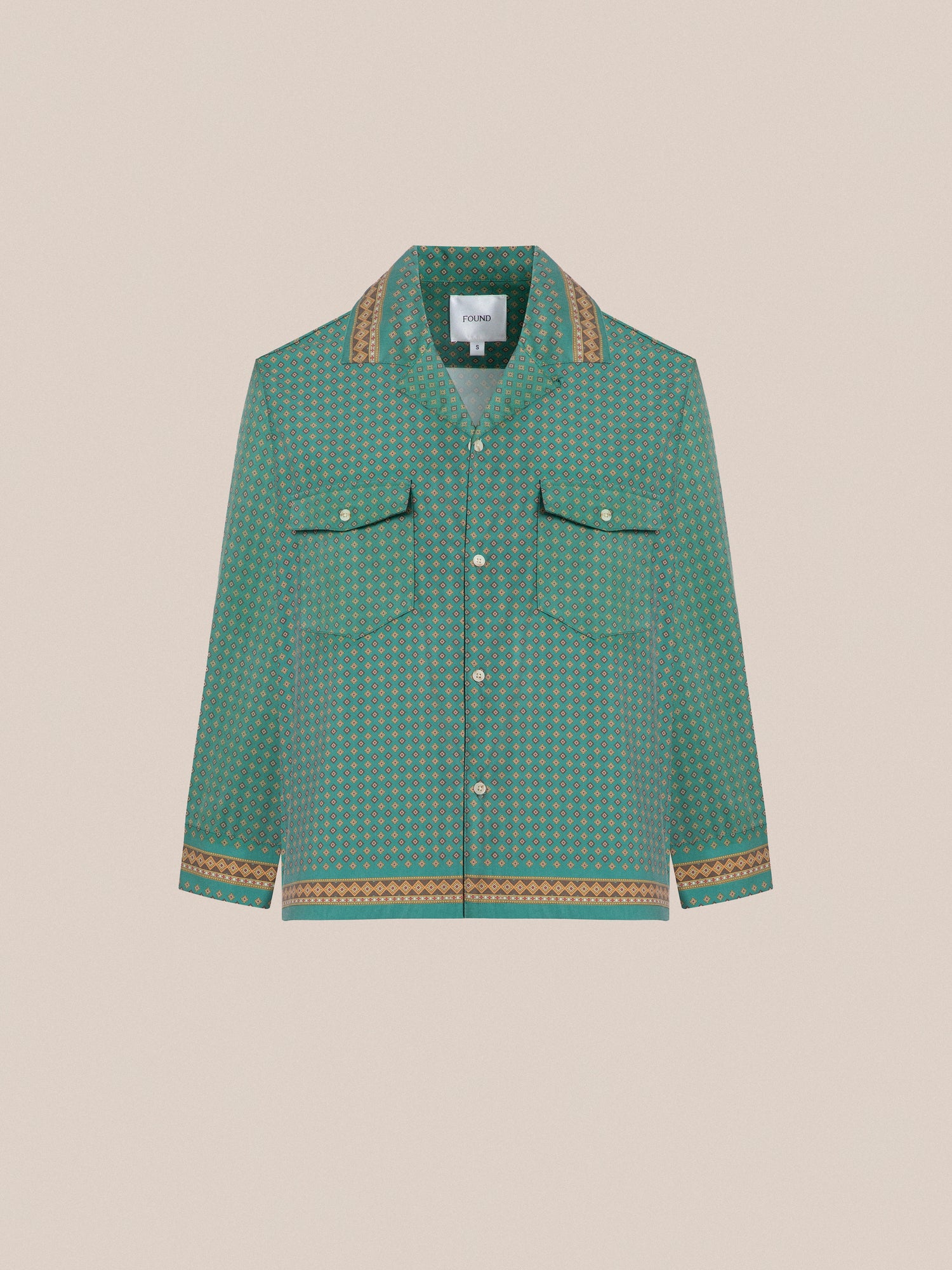 Found Arbor Long Sleeve Camp Shirt with double breast pockets and traditional Indo patterns - green.