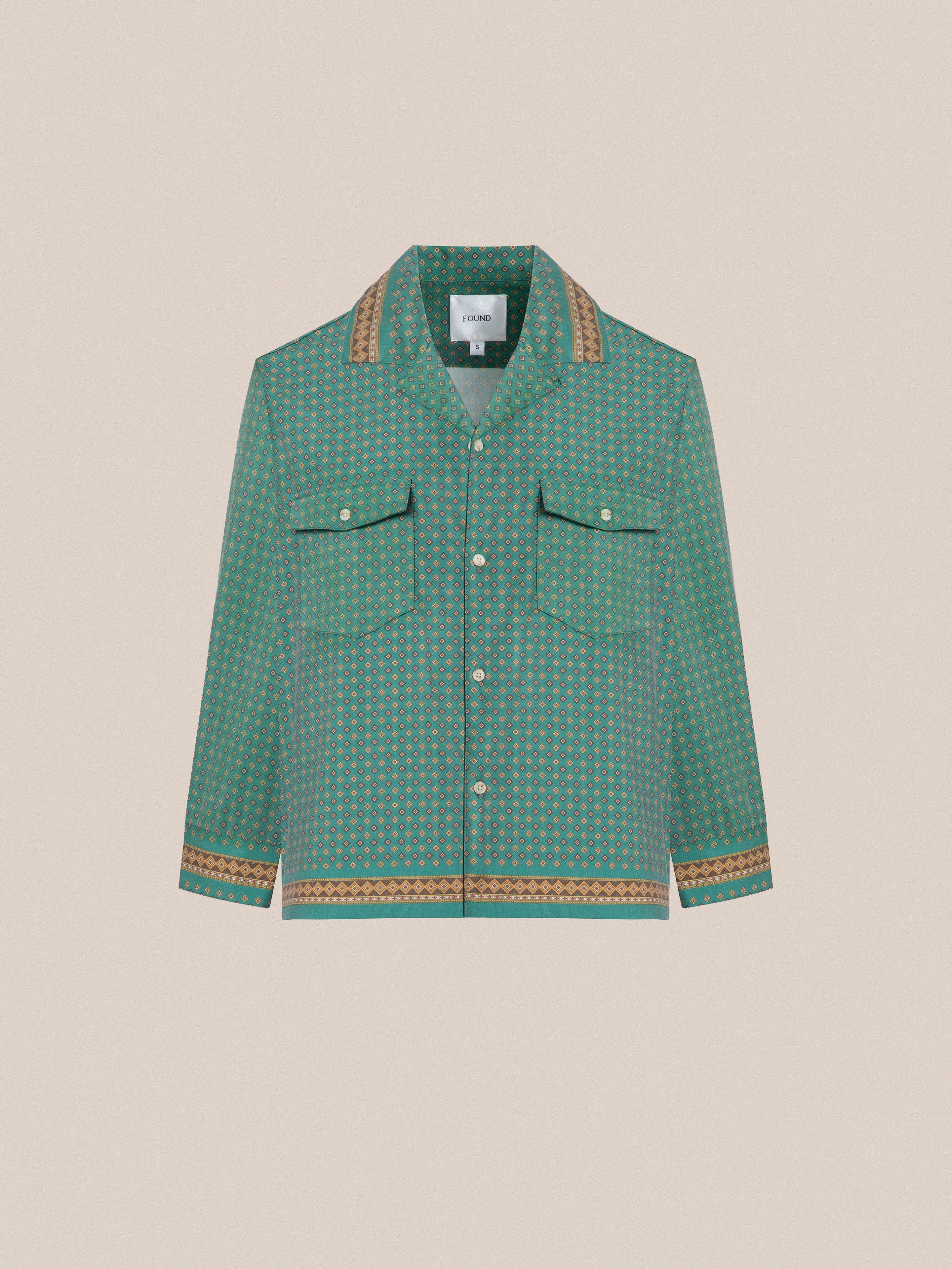 Found Arbor Long Sleeve Camp Shirt with double breast pockets and traditional Indo patterns - green.