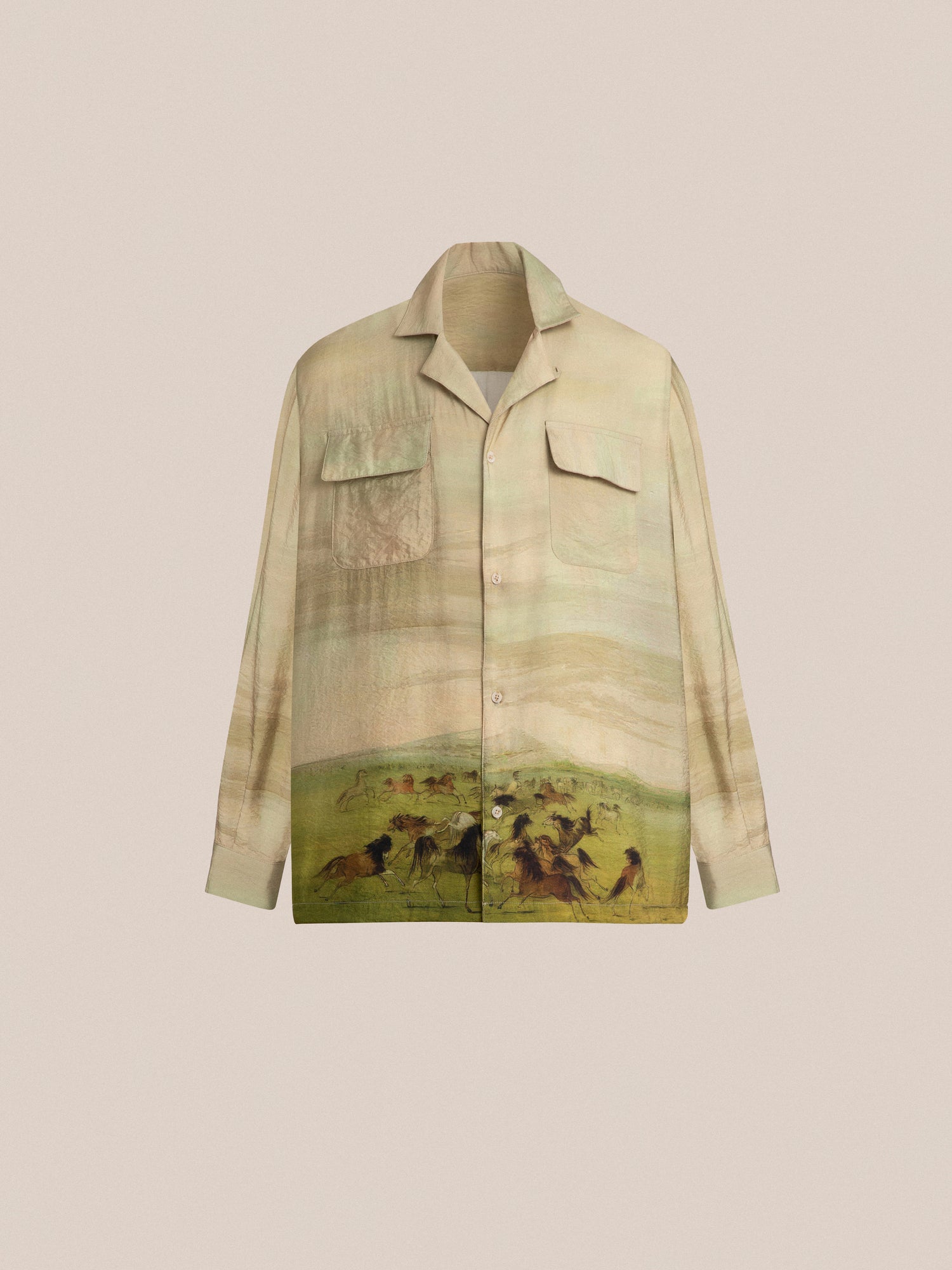 A Grasslands Long Sleeve Camp Shirt with an image of horses on it, designed with Phulkari motifs by Found.